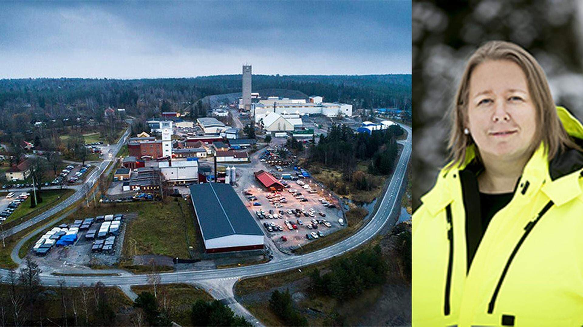 Bildcollage: Flygbild över Zinkgruvan Mining samt porträtt på Monika Andersson, chef för kommunikation och samhällsansvar på Zinkgruvan Mining.