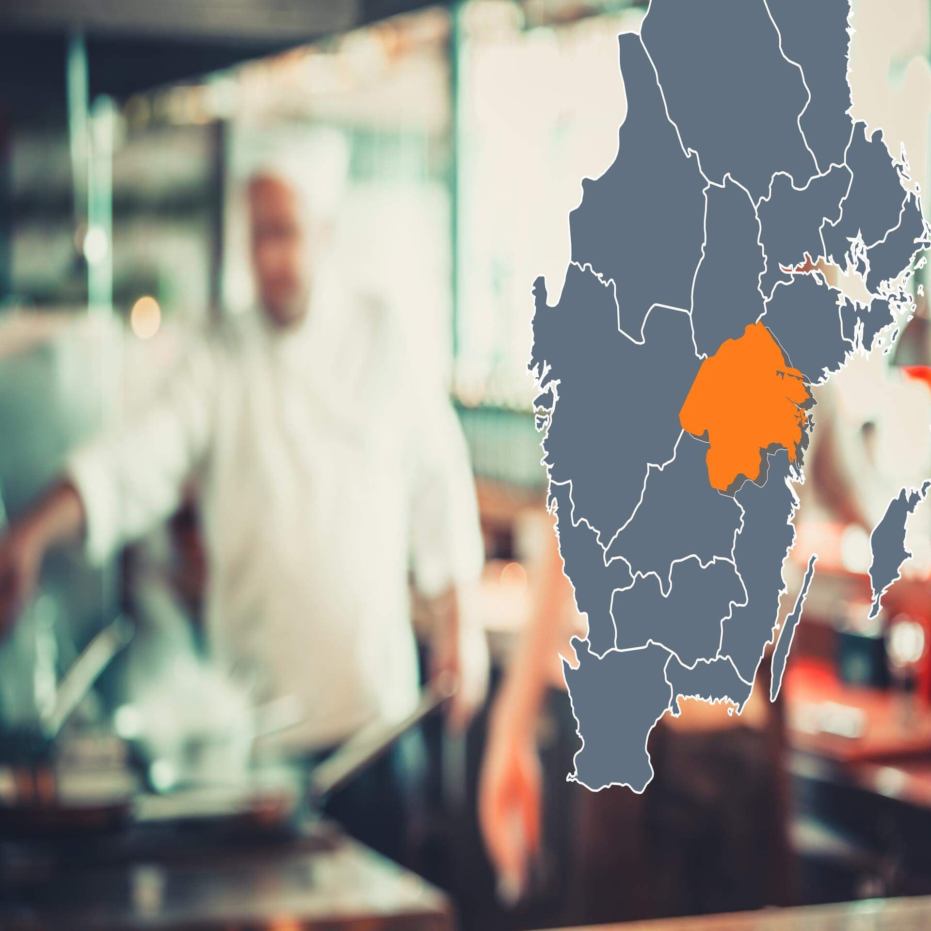 Bildkollage: Restaurang och karta över Östergötalnd
