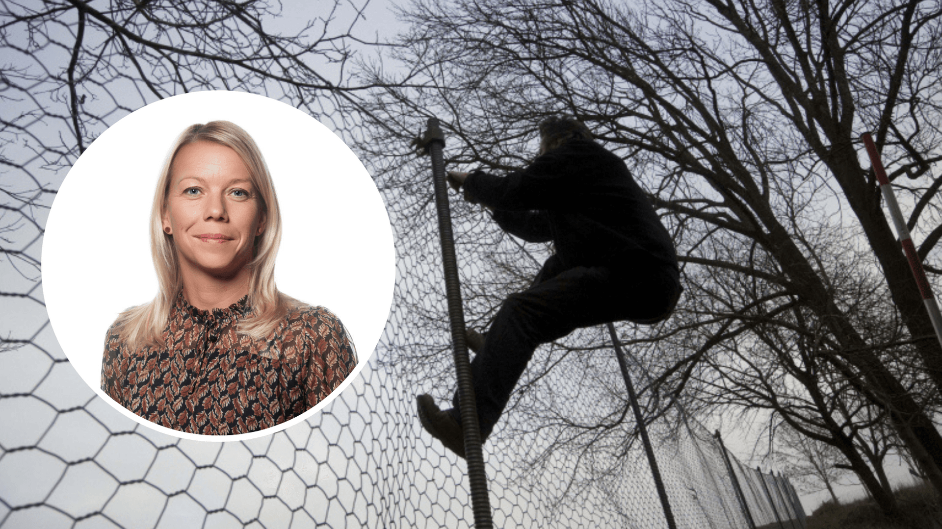 Carola Netterlid i kollage med bild av en person som klättrar över ett stängsel