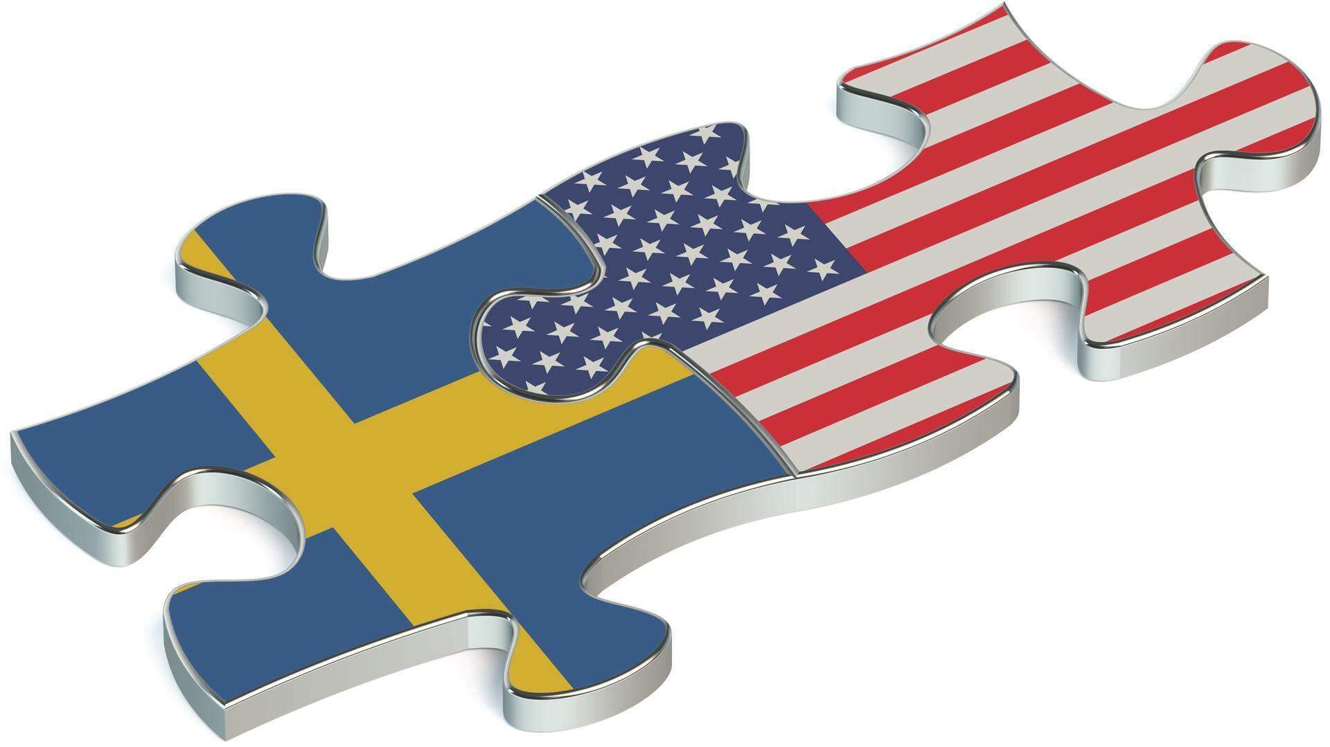 två pusselbitar med svenska och amerikanska flaggan