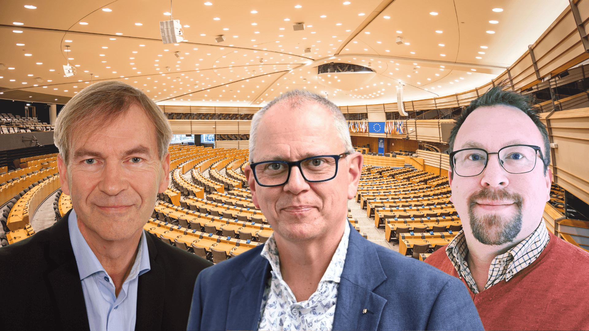 Göran Sjöberg, Christian Nilsson och Henrik Wretling Stadler i ett kollage med EU-parlamentet i bakgrunden
