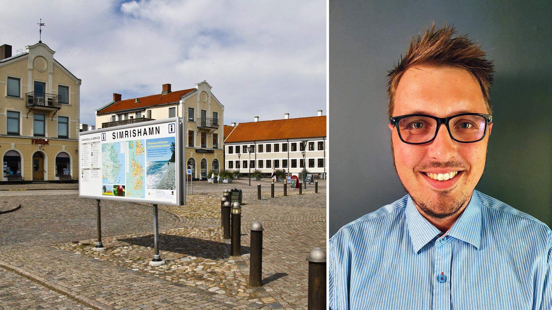 Kollage av stadsbild Simrishamn samt Marcus Bäckström