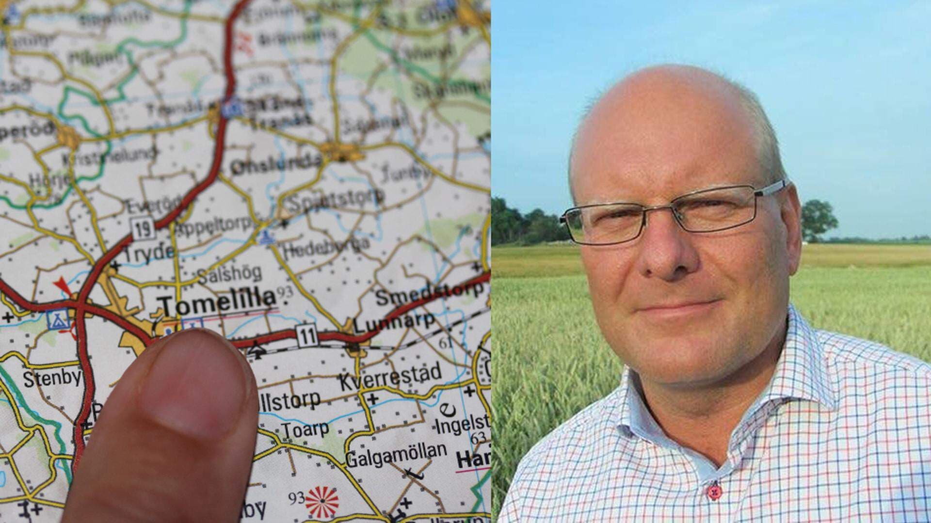 Leif Sandberg samt kartbild över Tomelilla