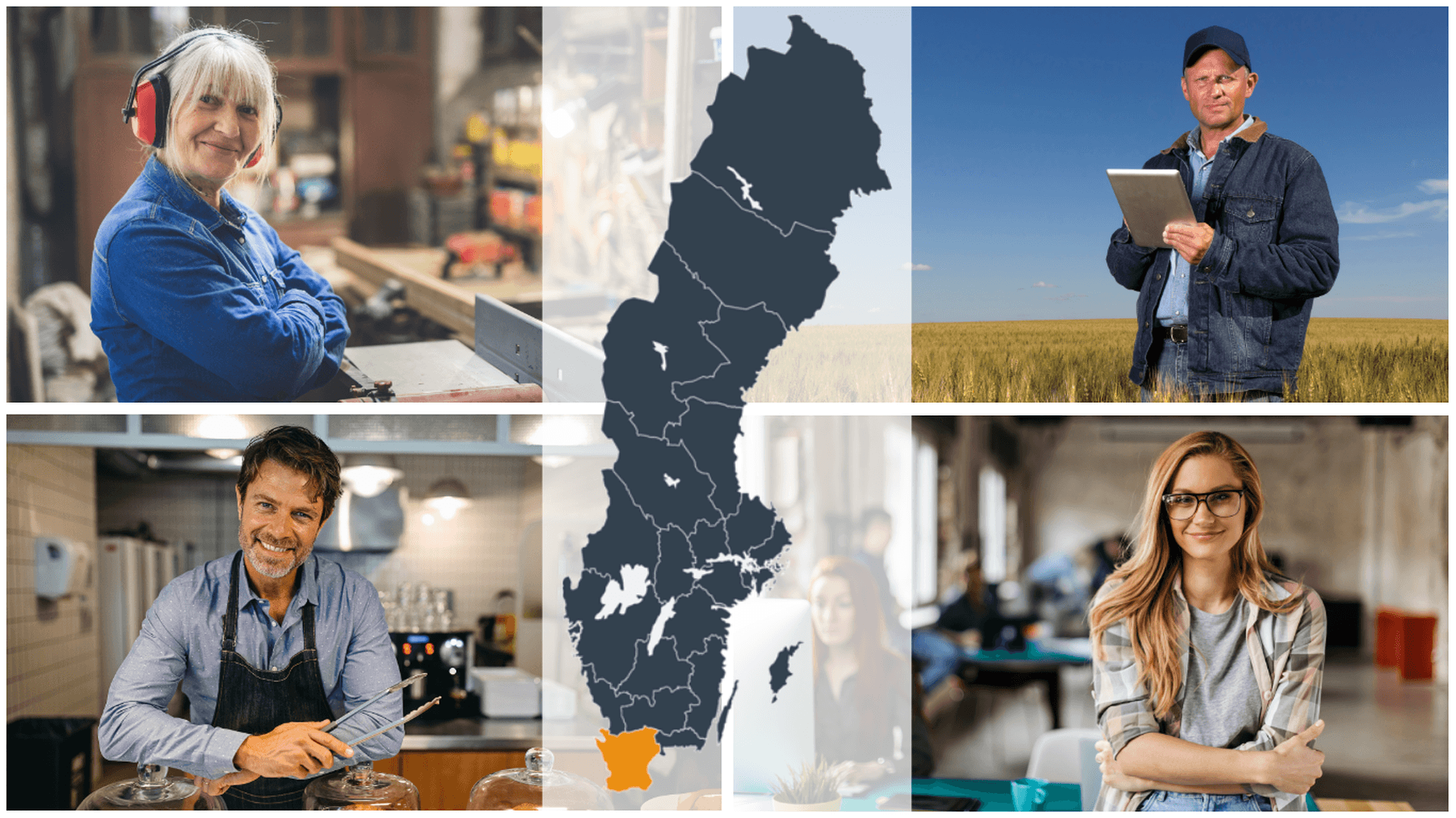 Kollage företagare samt Sverigekarta där Skåne är markerat i annan färg