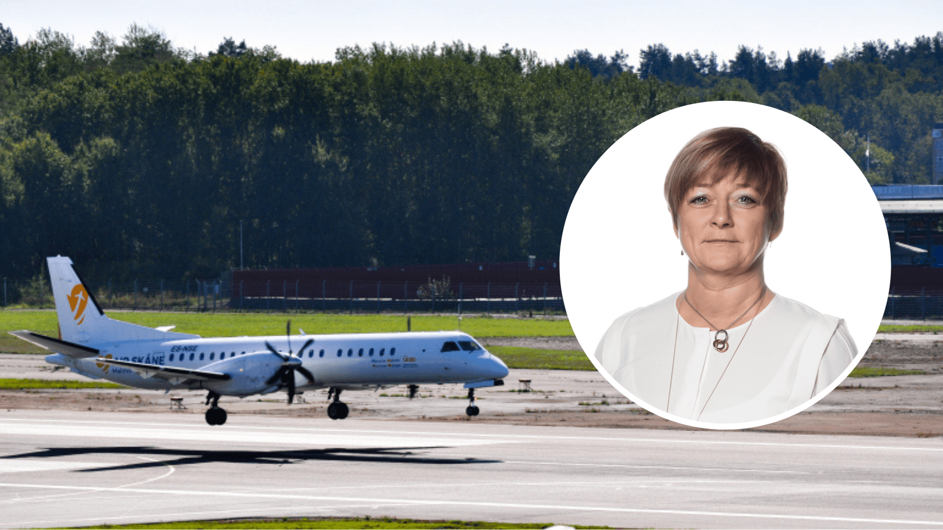 Kollagebild av Bromma flygplats och Carina Centrén