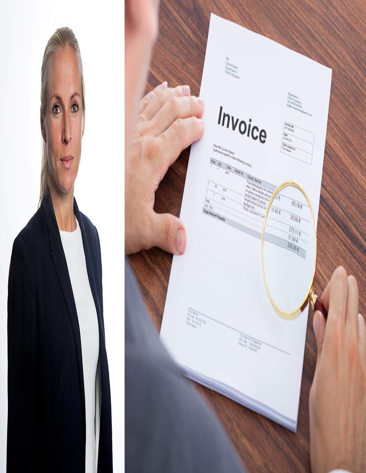 Kollage av Nina Jelver och en hand som håller ett förstoringsglas över en faktura