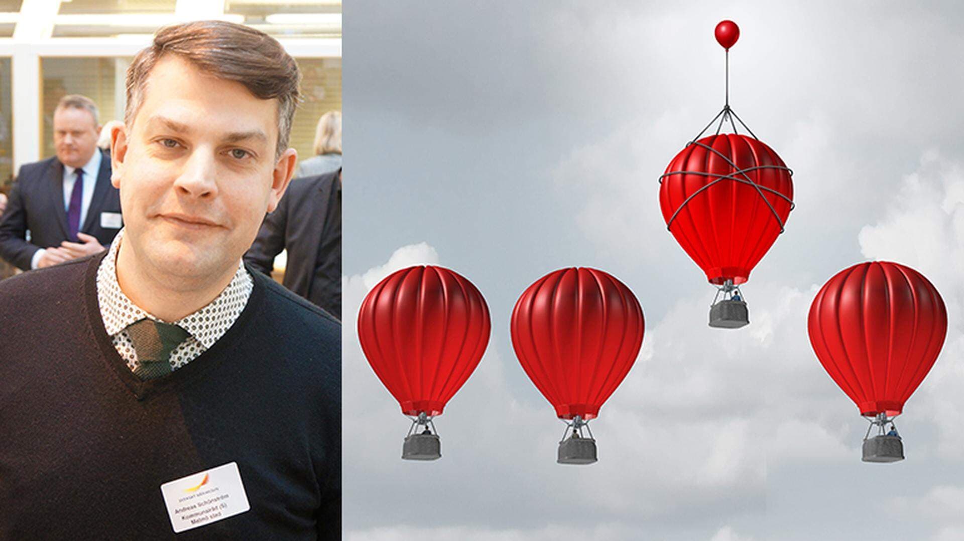 Andreas Schönström och bilder på luftballonger från rapportomslag