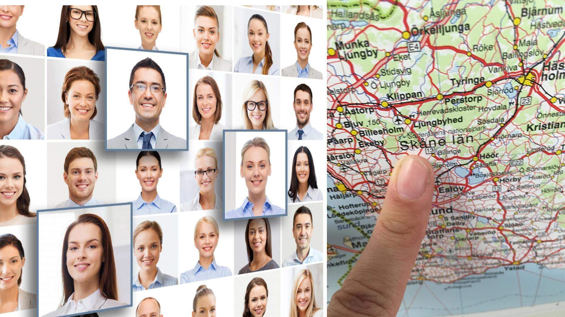 kollage av porträtt och en karta av Skåne