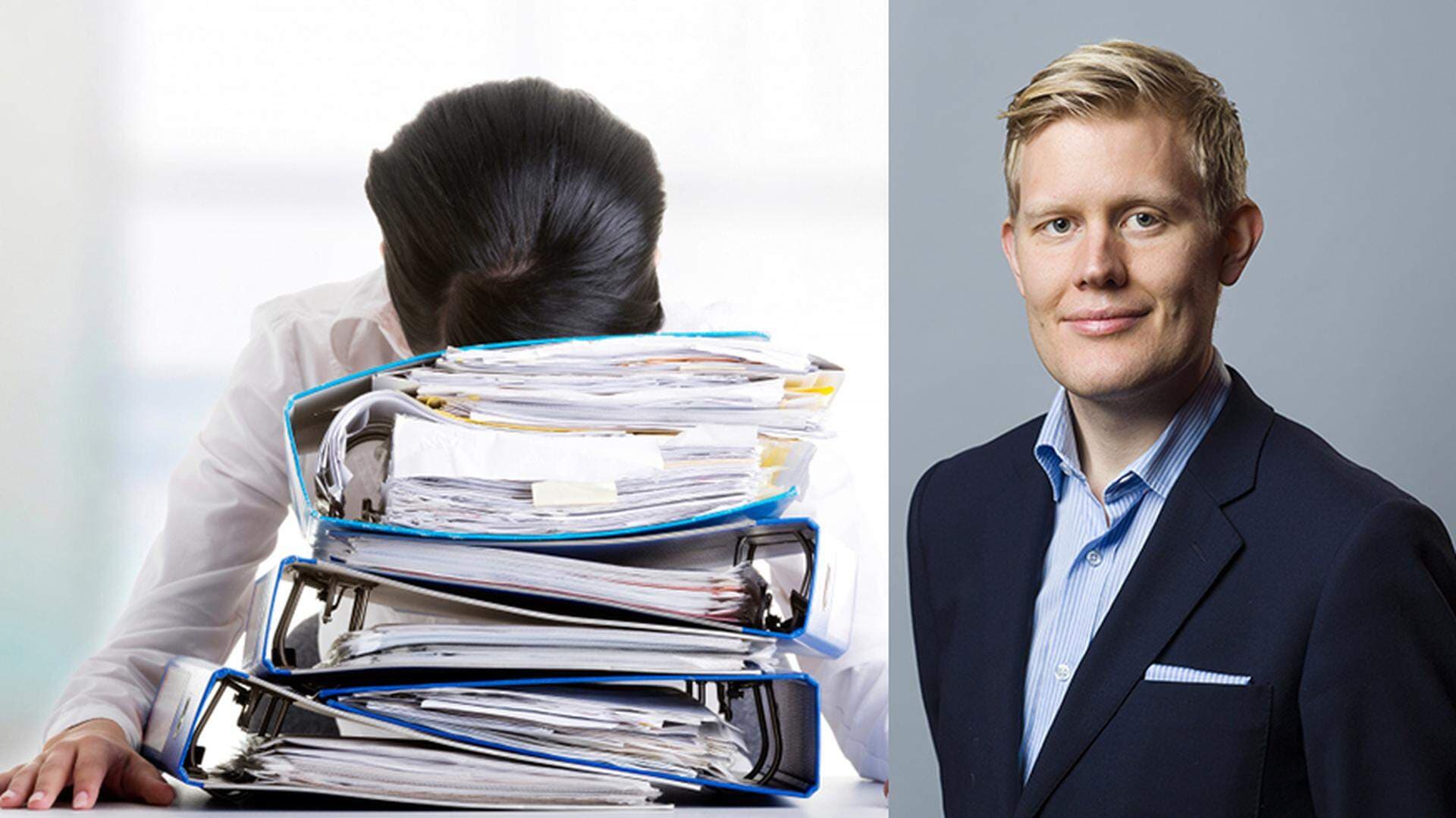 Erik Hultgren i kollage med ett ansikte som gömmer sig i en hög med papper