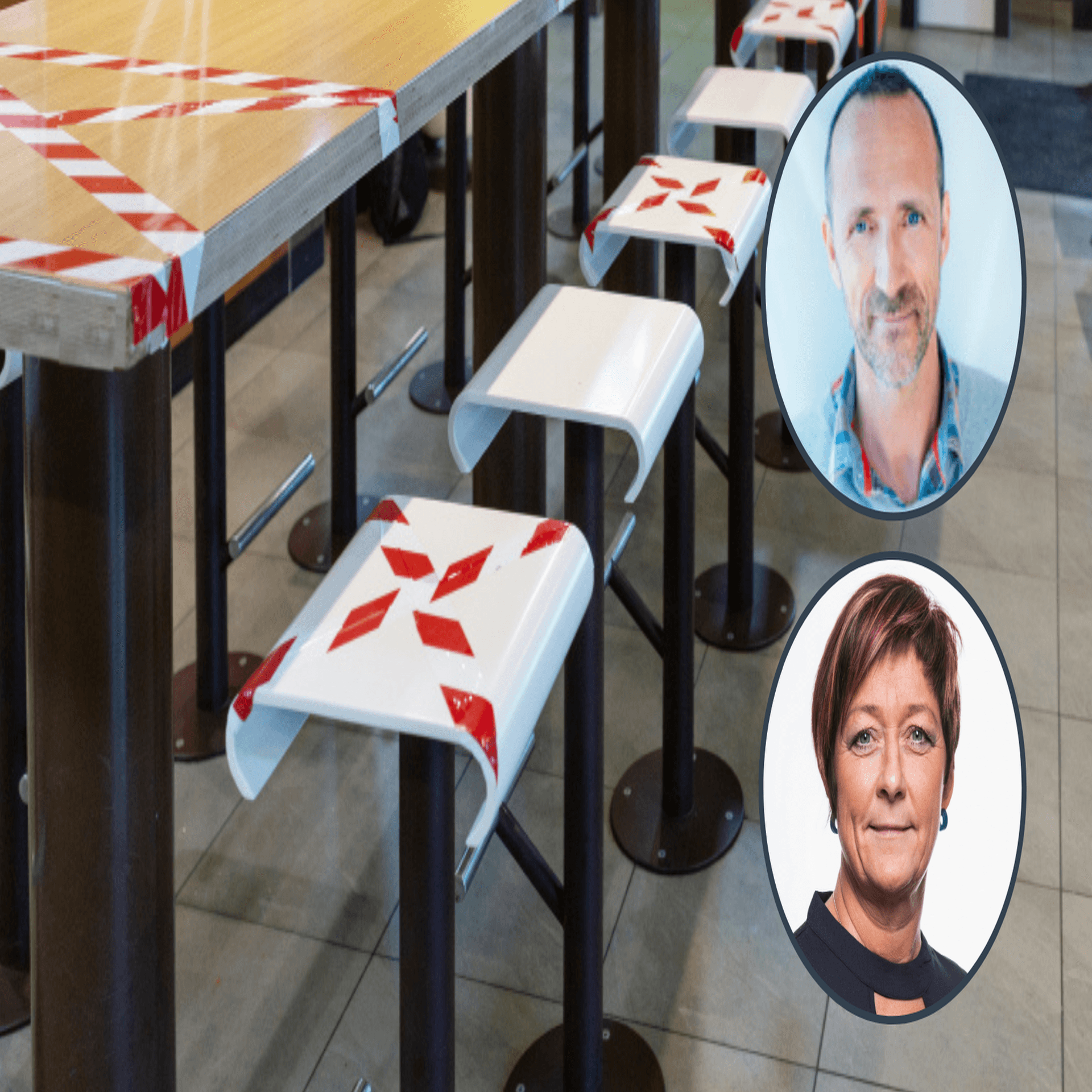 Carina Centrén och Claes Sandvig i kollage med avspärrade sittplatser på matställe