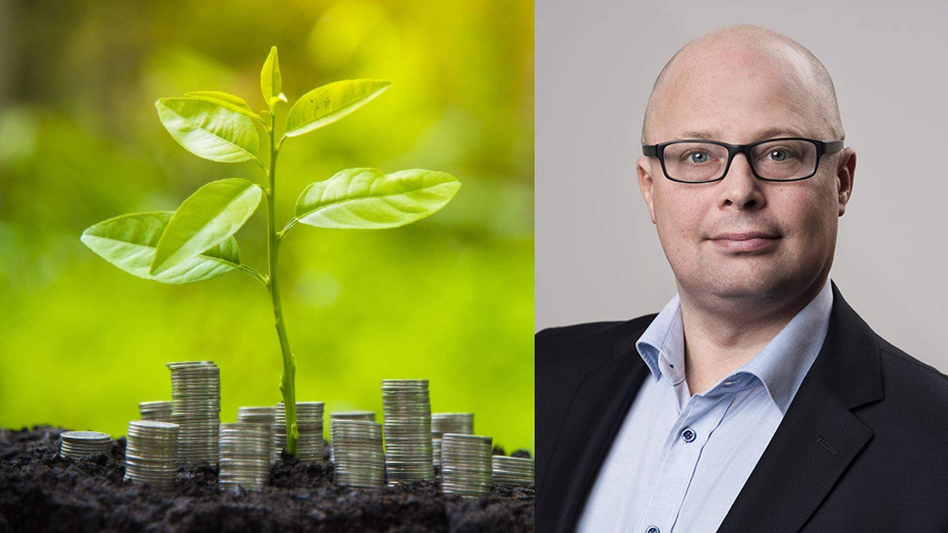 Robert Lönn i kollage med grön växt och högar av mynt