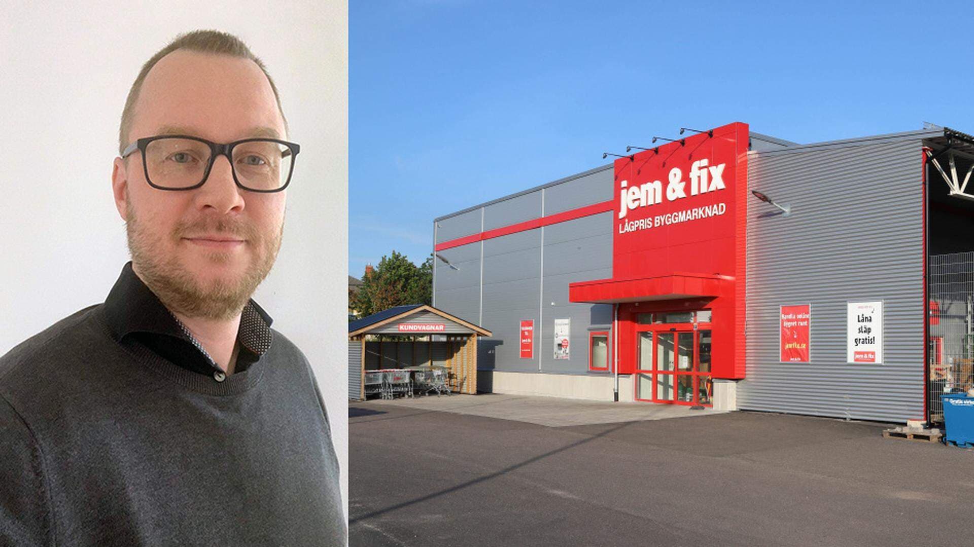 Stefan Eliasson i kollage med en Jem & Fix butik