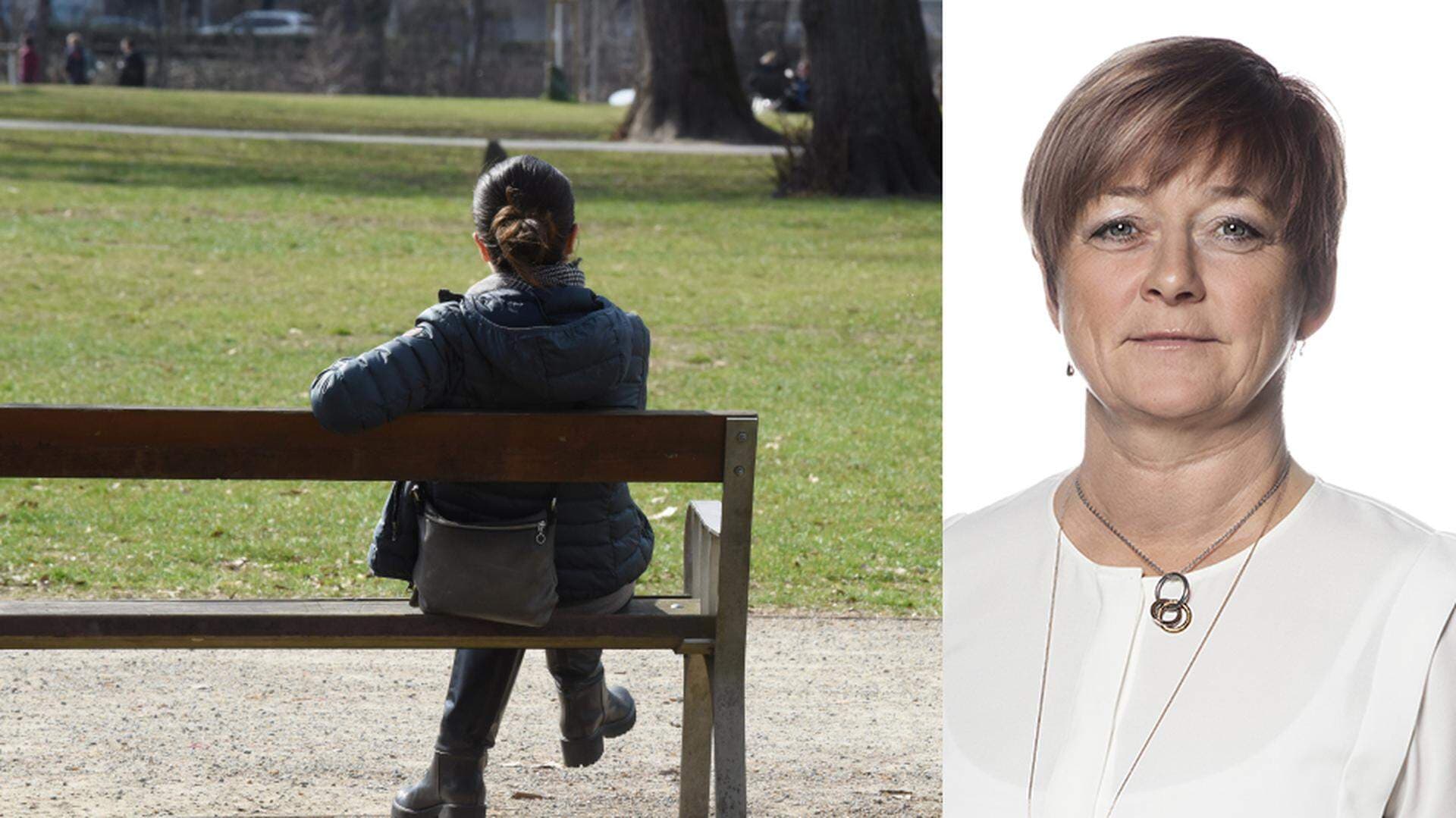 Ensam kvinna på en parkbänk i kollage med Carina Centrén