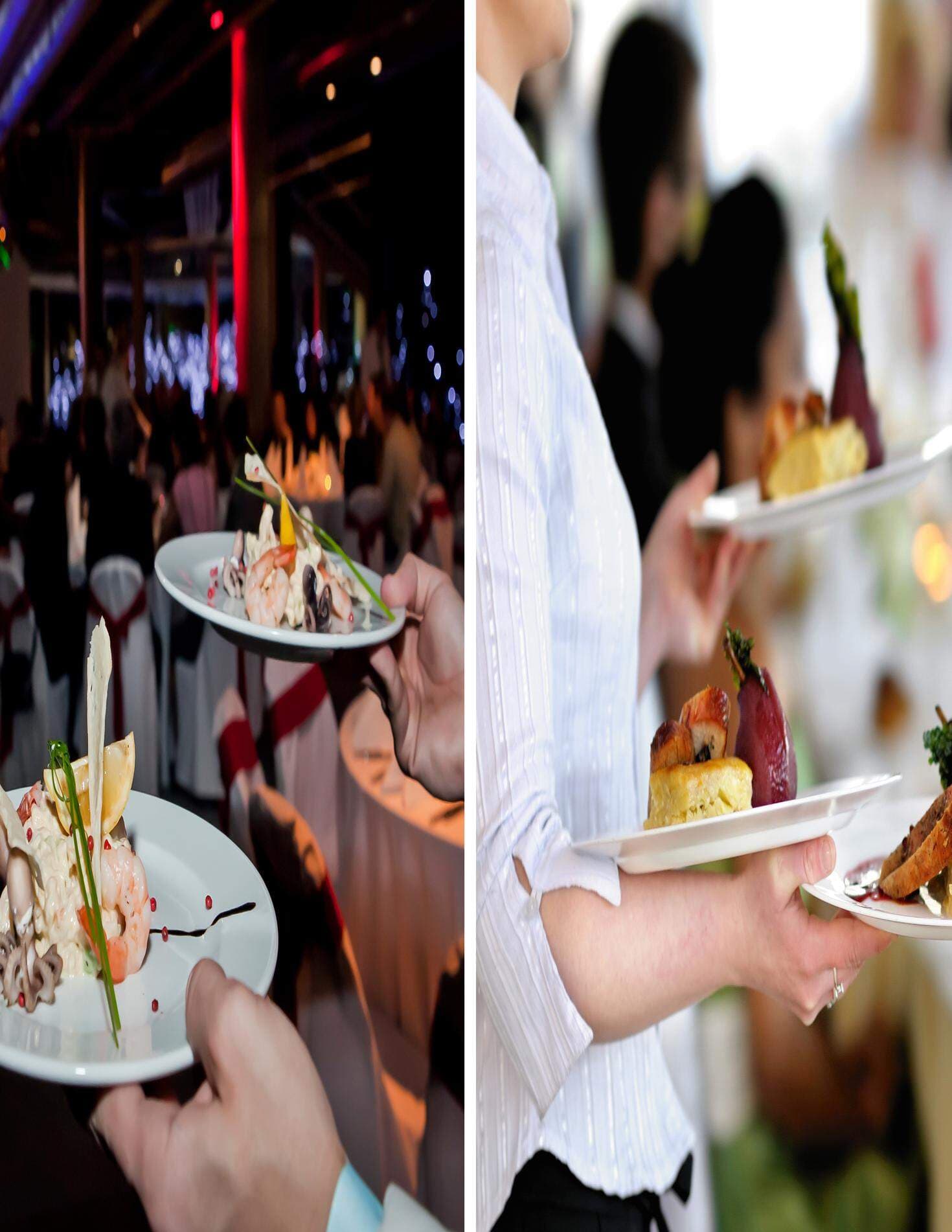 två bilder på två olika restauranger där någon serverar mat