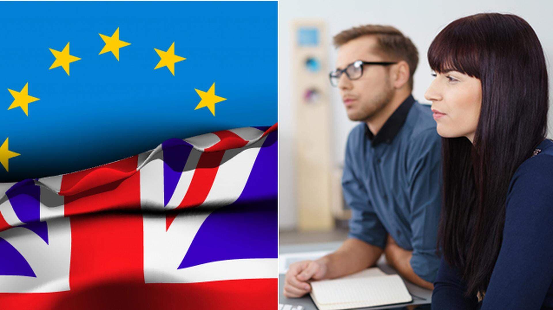 Kollage EU:s och brittiska flaggan samt två företagare