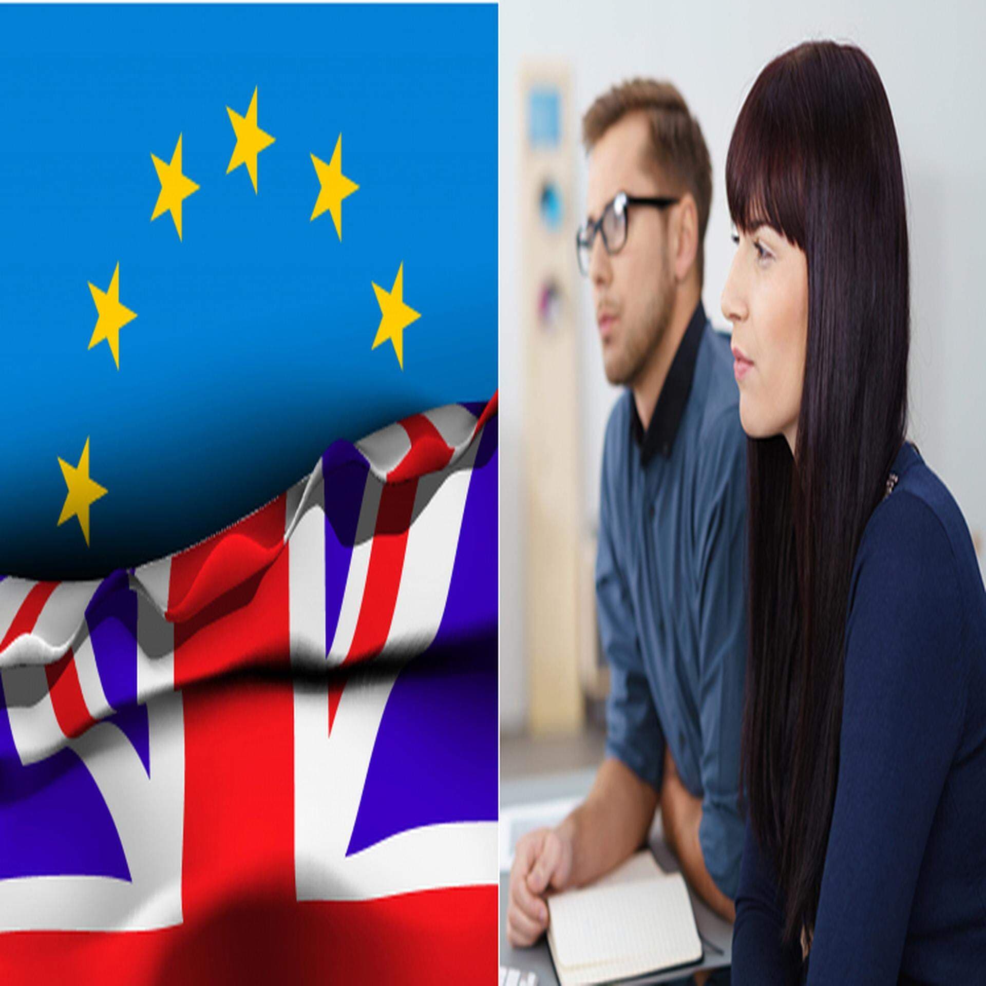 Kollage EU:s och brittiska flaggan samt två företagare