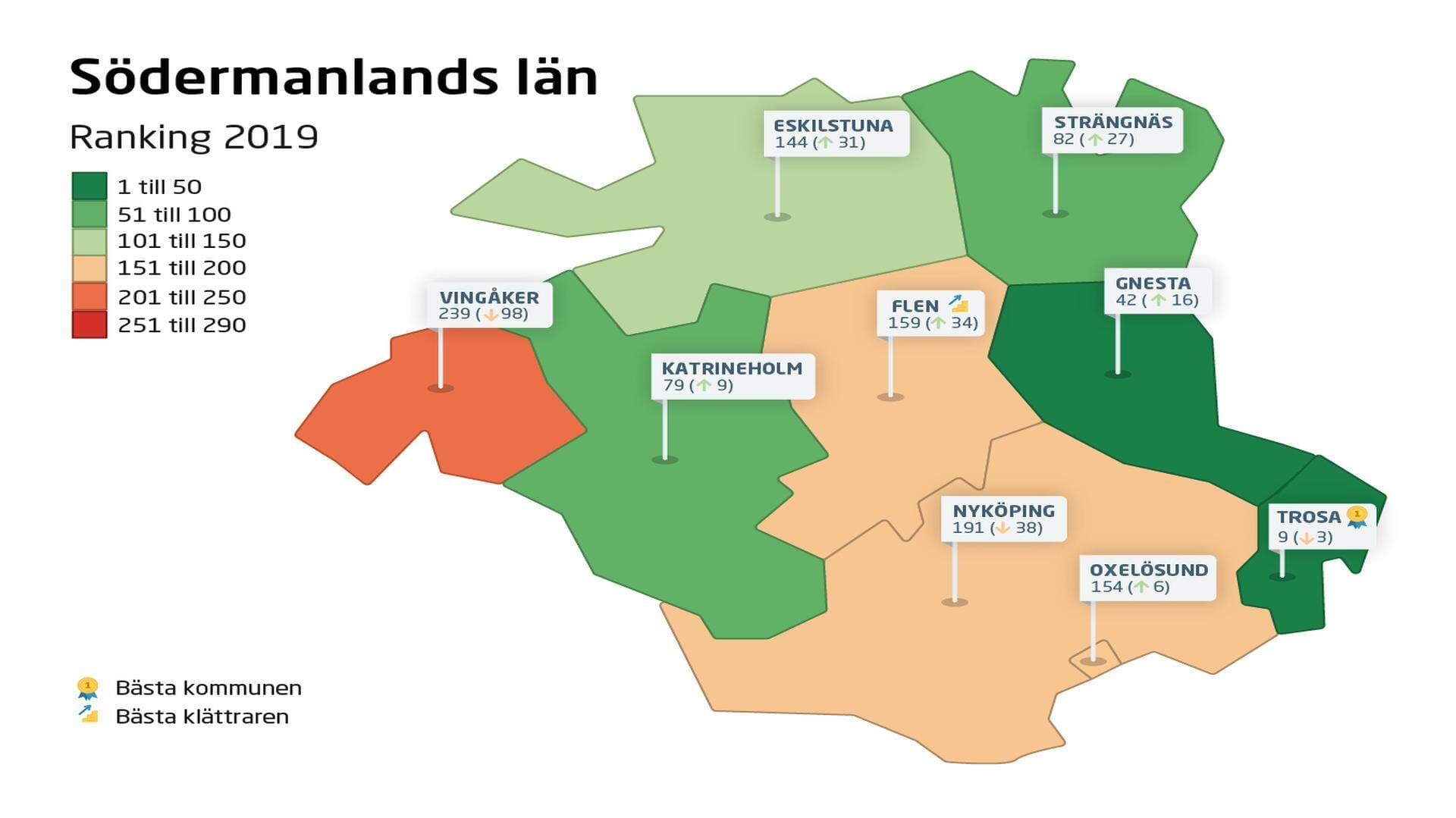 Karta som presenterar rankingplaceringar för kommunerna i Södermanlands län