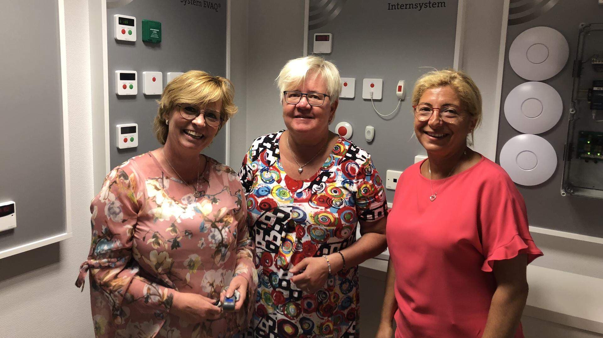 Marie Svensson, Caroline Helmersson Olsson och Mona Kanaan framför exempel på Tjeders produkter.