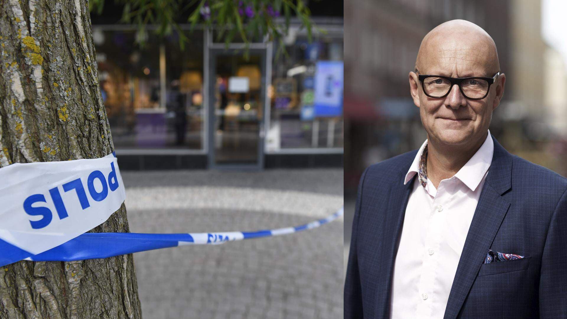 Bild på polisavspärrning vid butiksrån sam et bild på Peter Simonsson