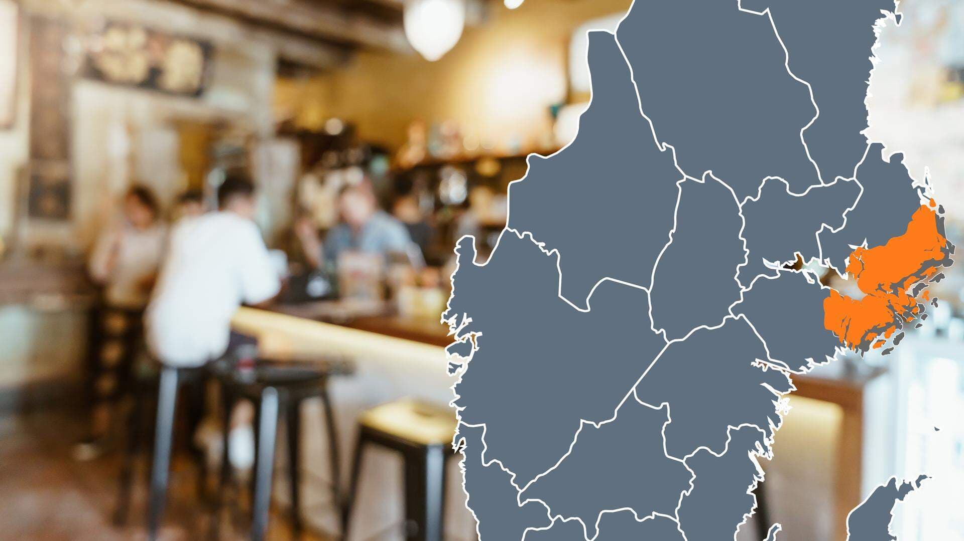 Bildcollage: restaurang samt karta över Sthockholms län