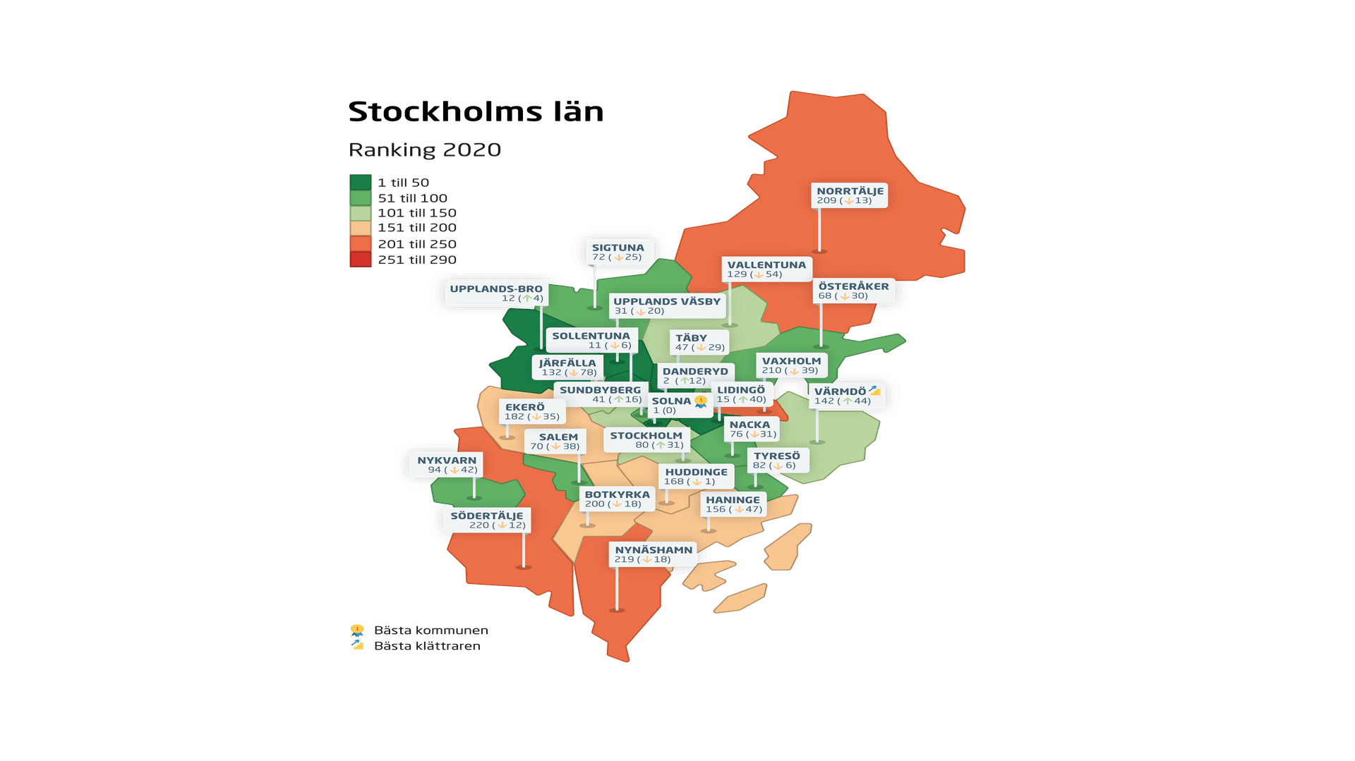 Karta över samtliga kommuners rankingplaceringar i Stockholms län