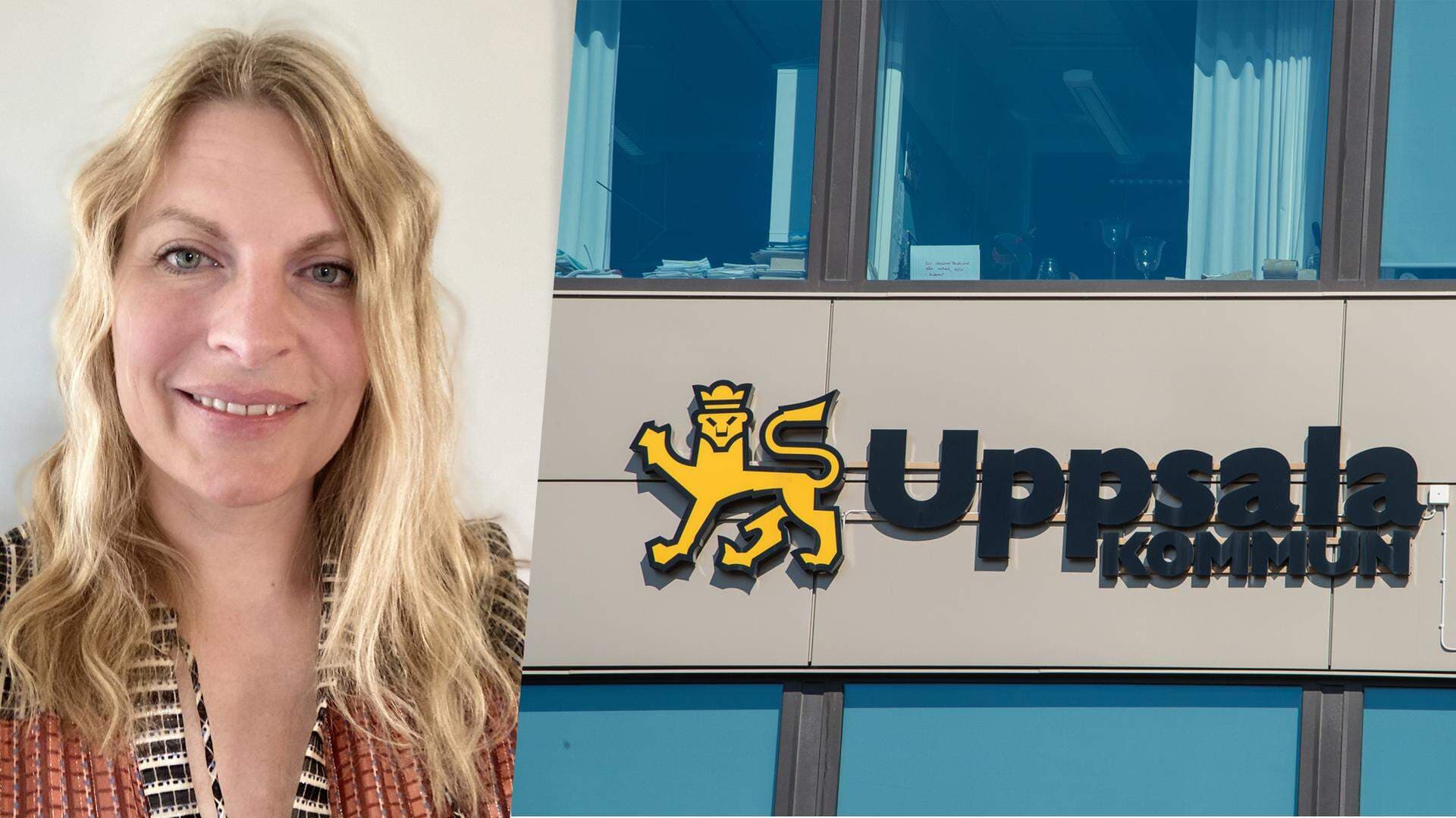 Bildcollage: Porträtt av Helena Sköld Lövgren och bild på skylt på fasaden på Uppsala kommunkontor.