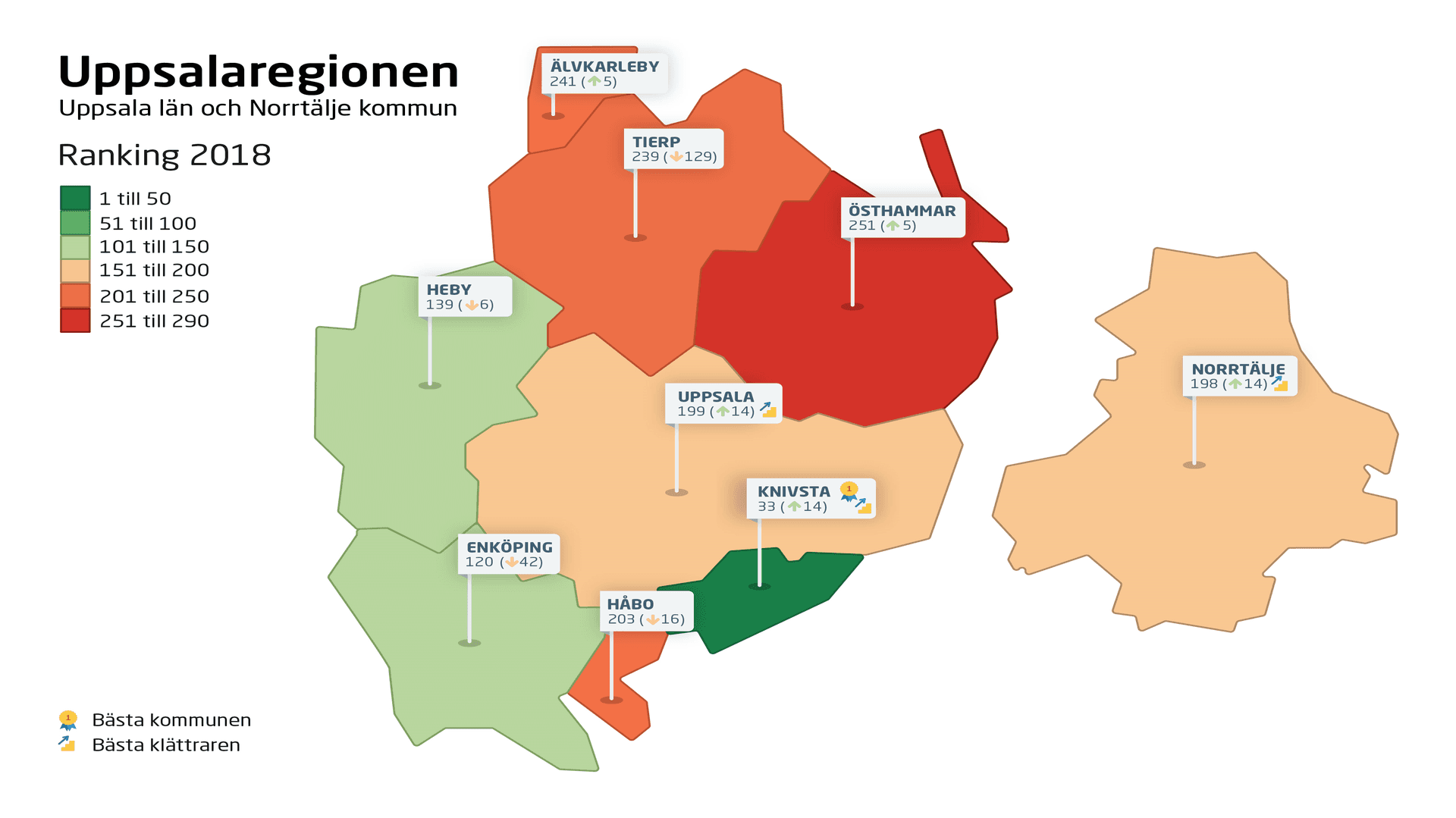 Karta över rankingreslutaten per kommun i Uppsalaregionen