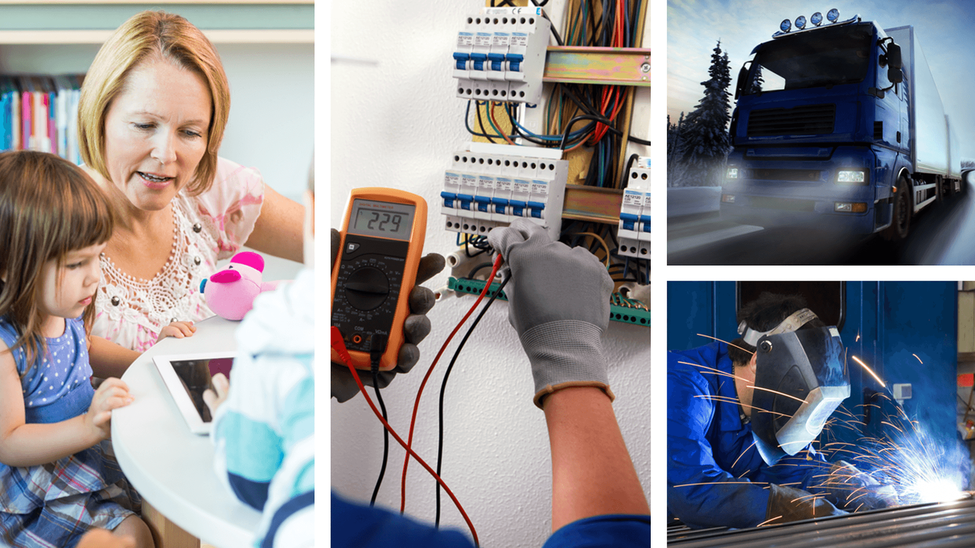 Kollage med fyra bilder: förskollärare med ett barn, elinstallation, långtradare och en svetsare.