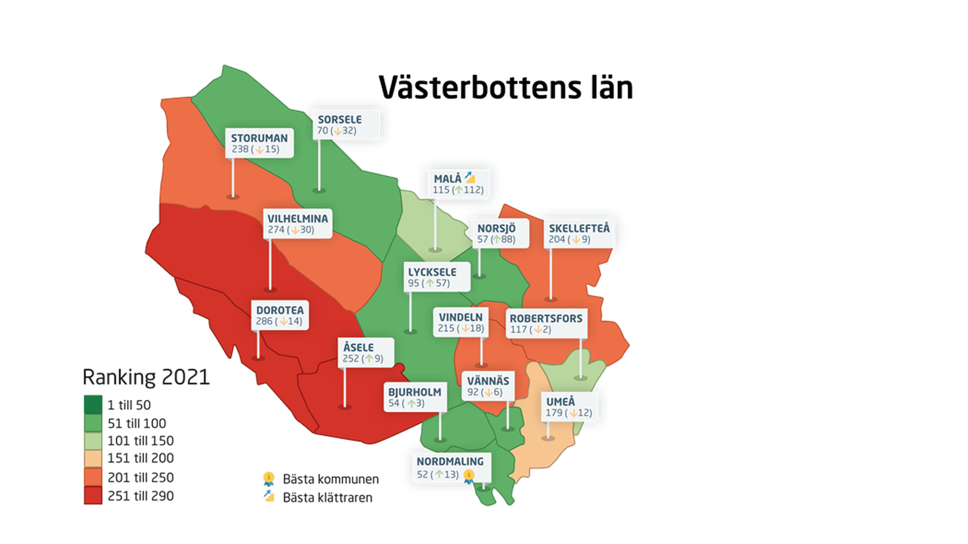 Kartbild med kommunerna i Västerbottens län och deras placering