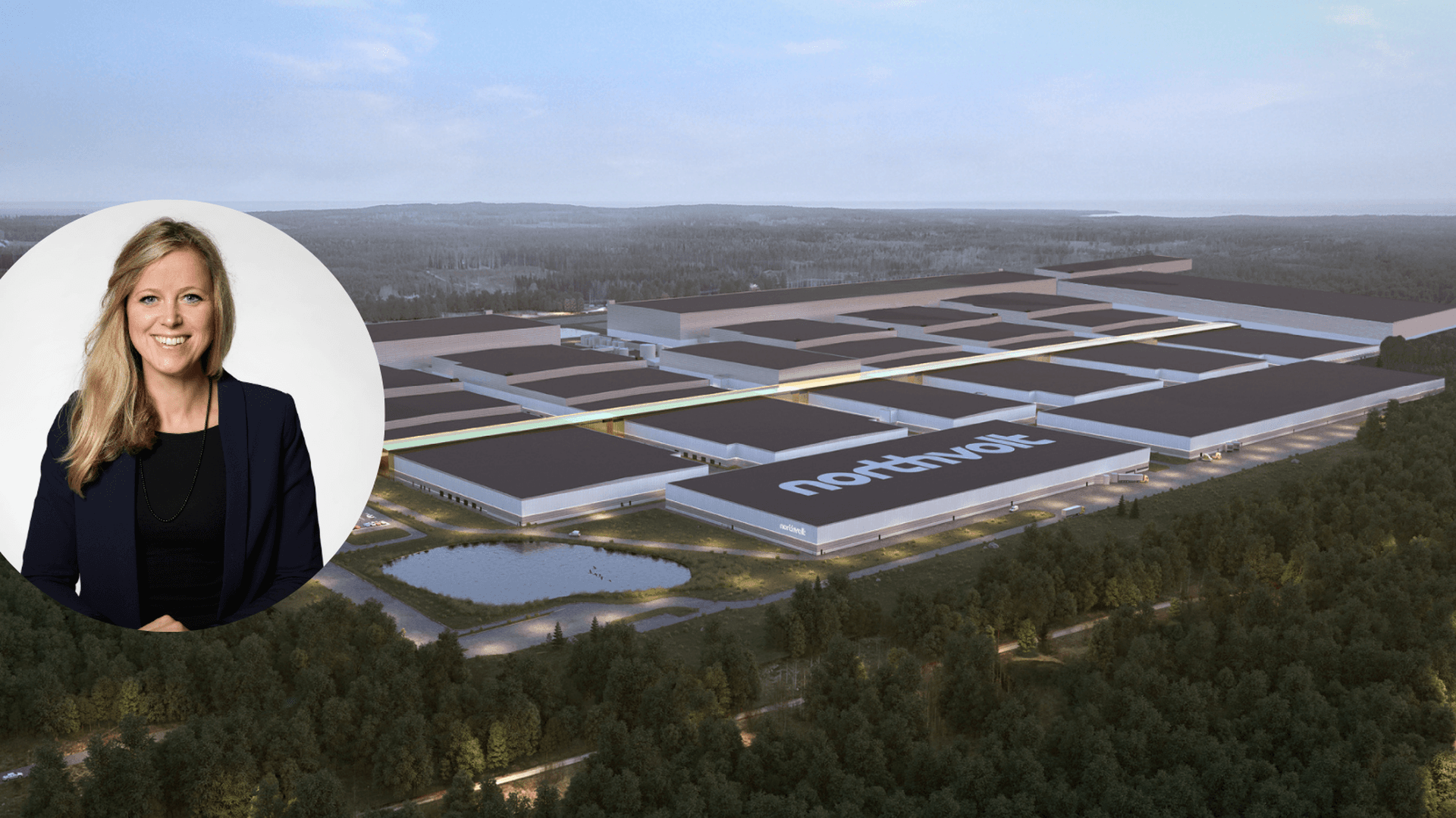 Collage Northvolts fabrik och inklippt porträttbild på Katarina Borstedt