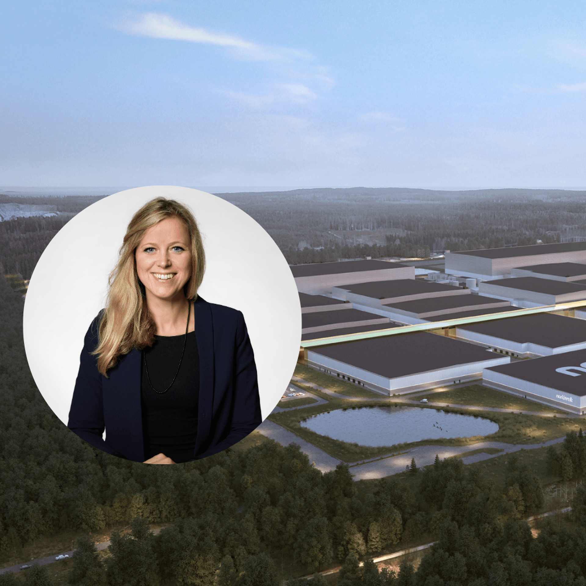 Collage Northvolts fabrik och inklippt porträttbild på Katarina Borstedt