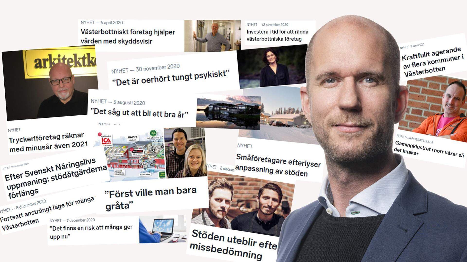 Porträtt på Mats Andersson samt ett urval av årets rubriker