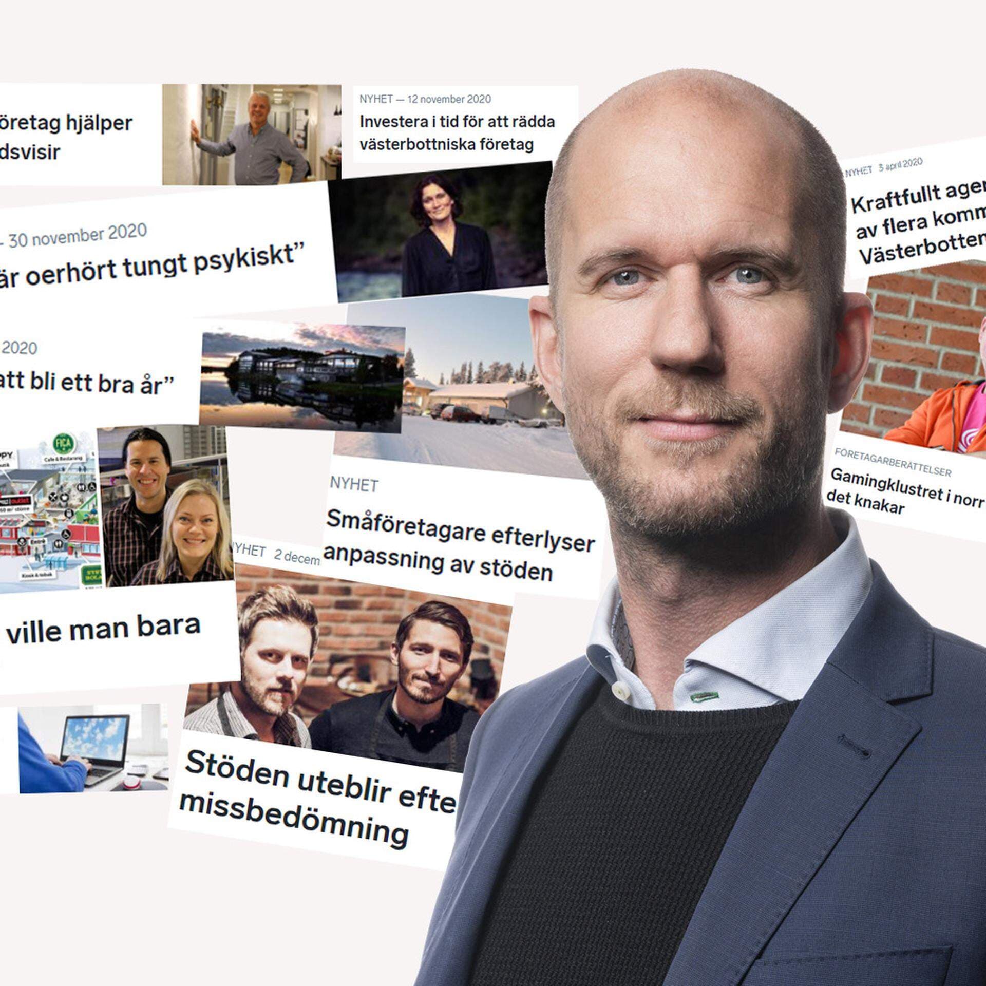 Porträtt på Mats Andersson samt ett urval av årets rubriker