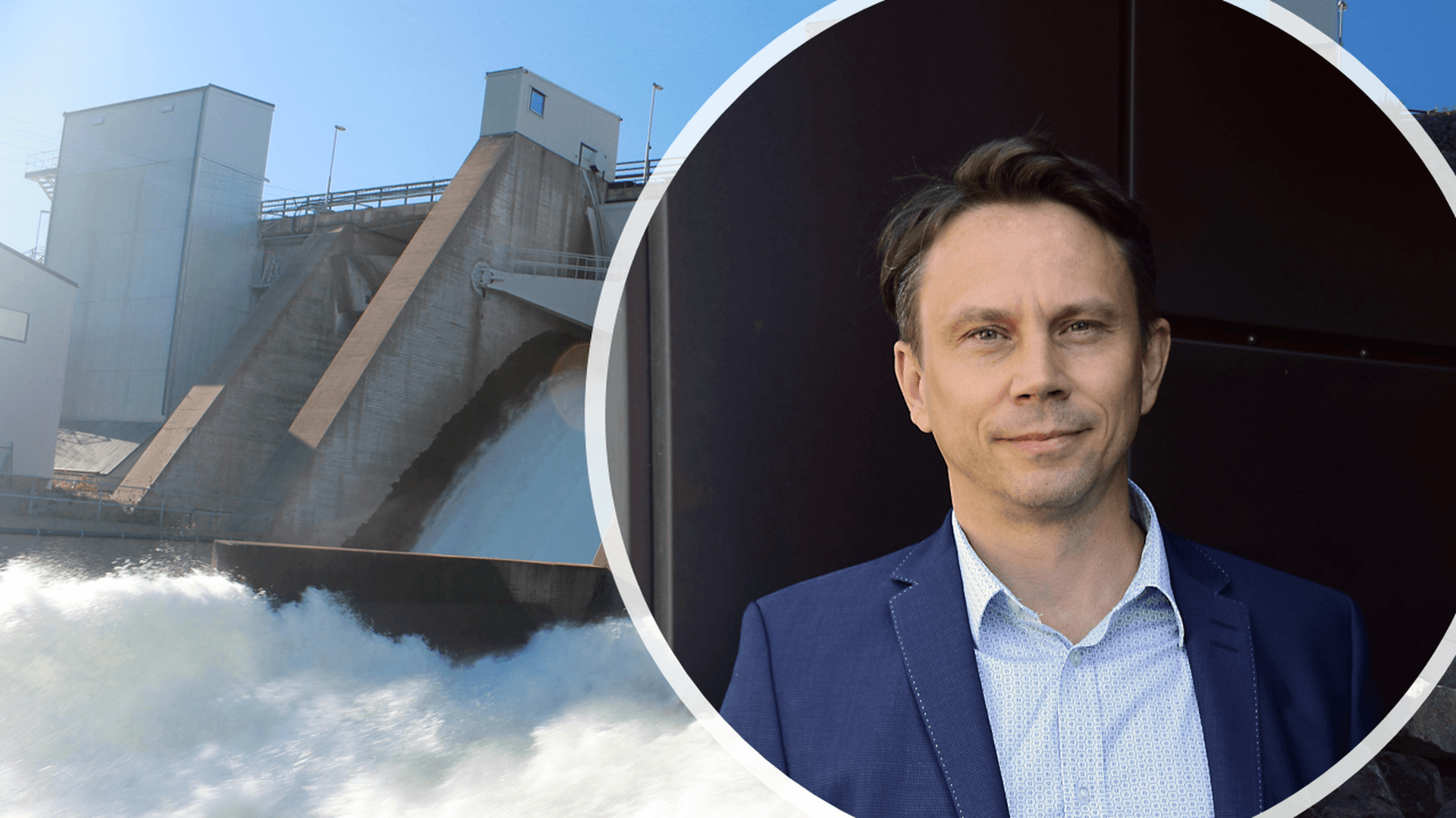 Kollage: Vattenkraftverk och ett porträttfoto av Clas Berglund