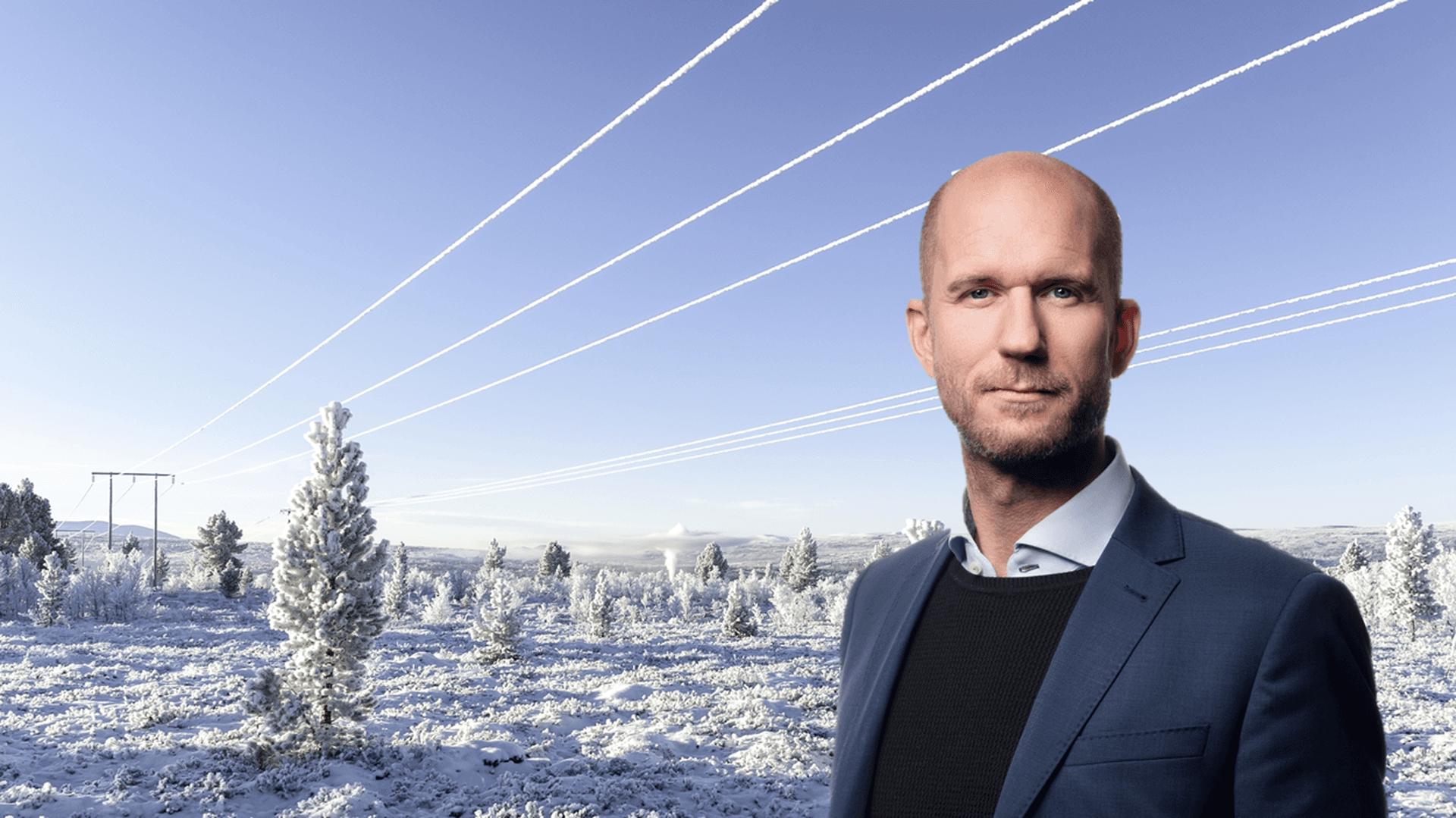 Kollage: I bakgrunden en elledning i vinterlandskap + en porträttbild på Mats Andersson