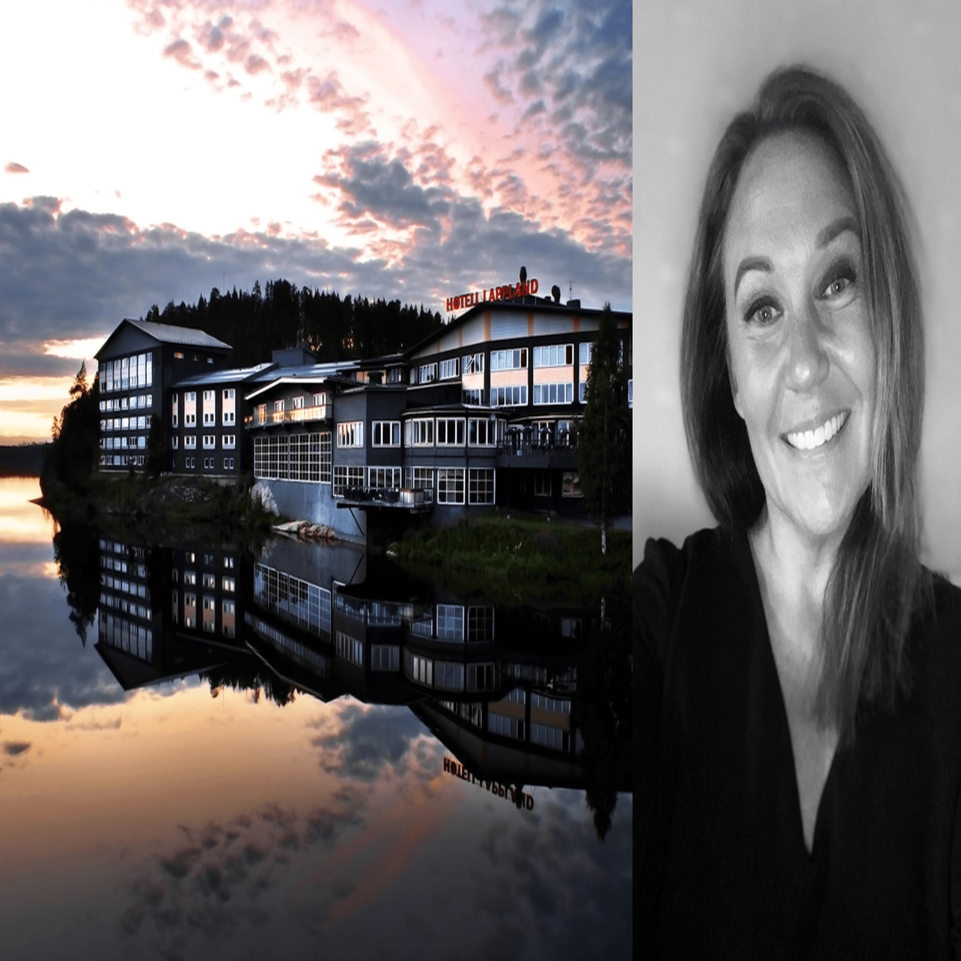 Kollage: Foto av Hotell Lappland och porträttbild på Katarina LIndahl