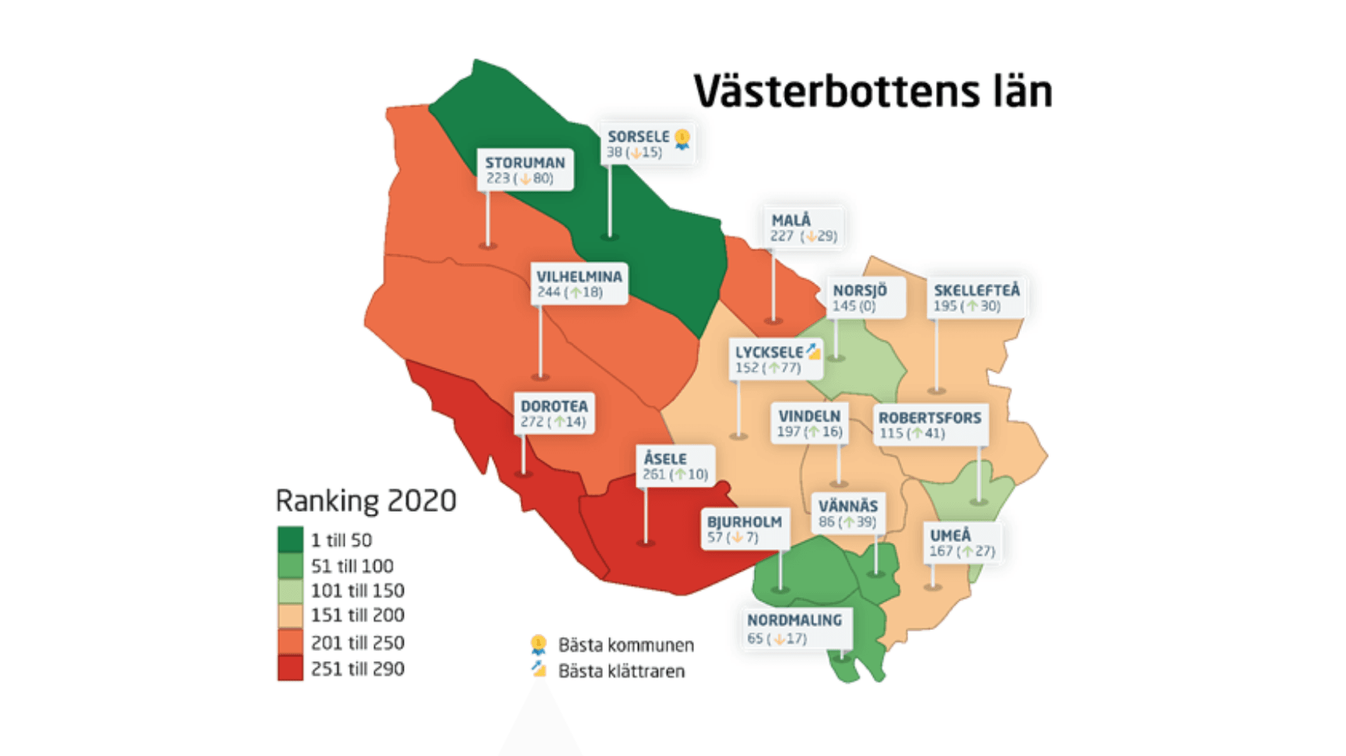 Karta över kommunerna i Västerbottens län och deras plats på rankingen.