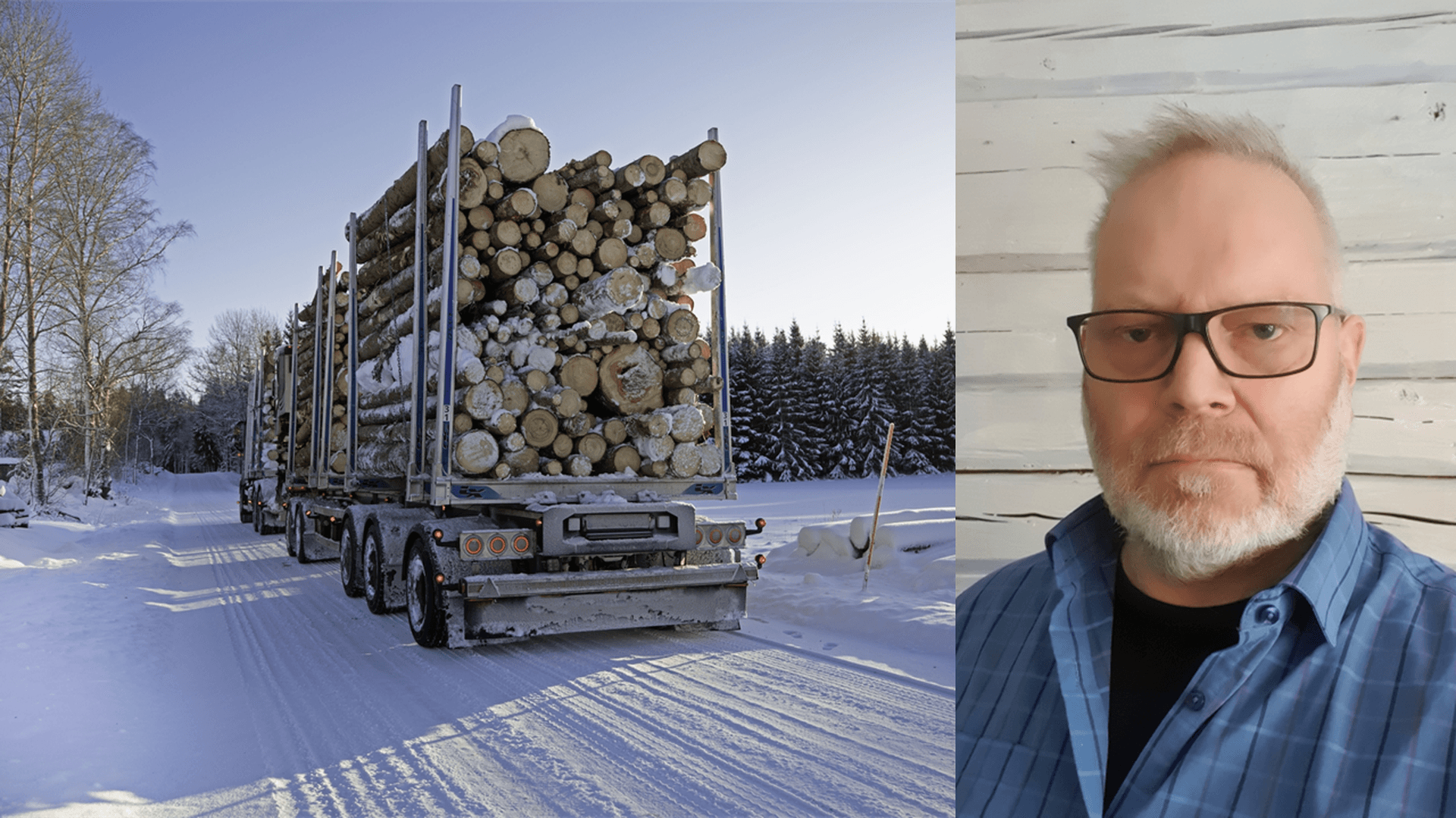 Timmerbil på vinterväg och porträttbild av Richard Ferm