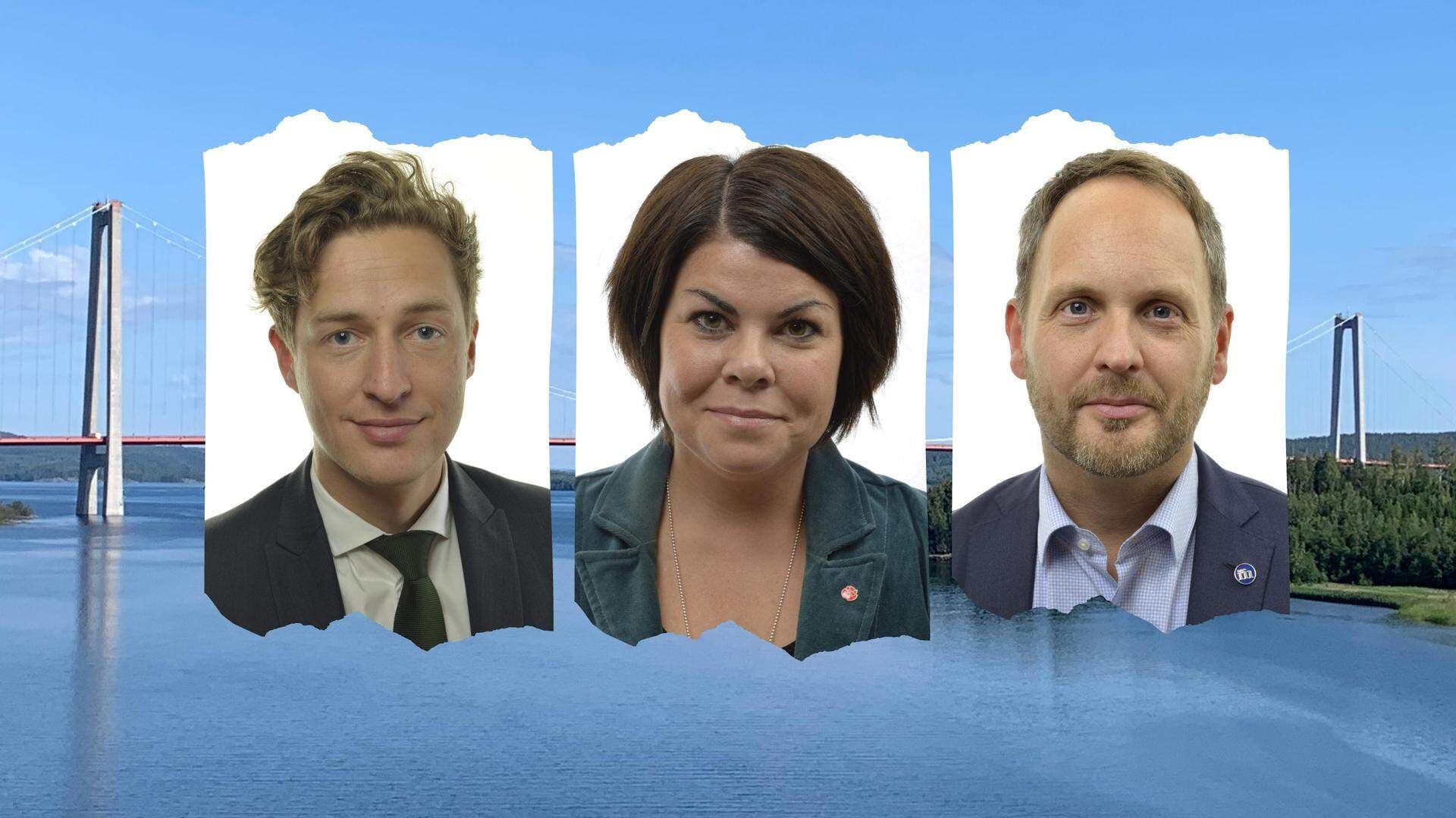 Collage Höga Kusten-bron i bakgrunden och porträttbilder på Emil Källström, Malin Larsson, Jörgen Berglund