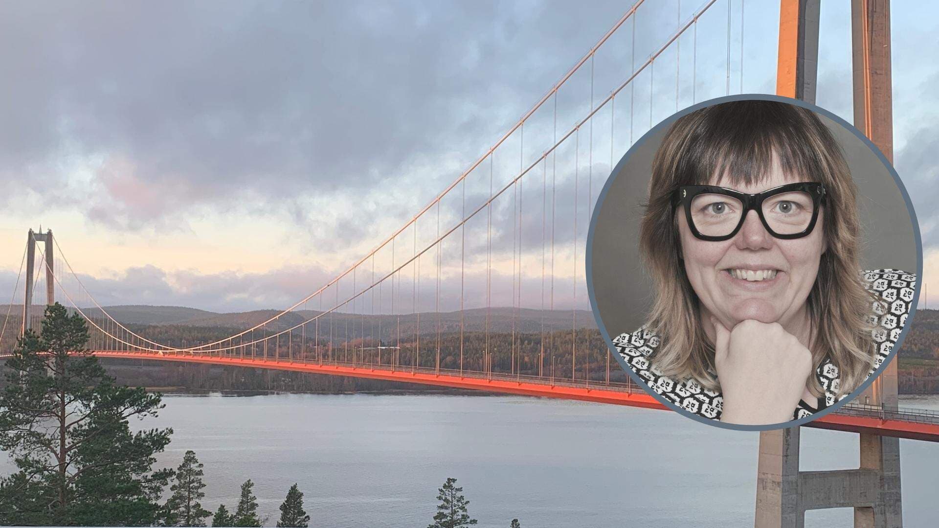 Foto på Höga Kusten-bron och ett inklippt porträttfoto på Malin Svanholm