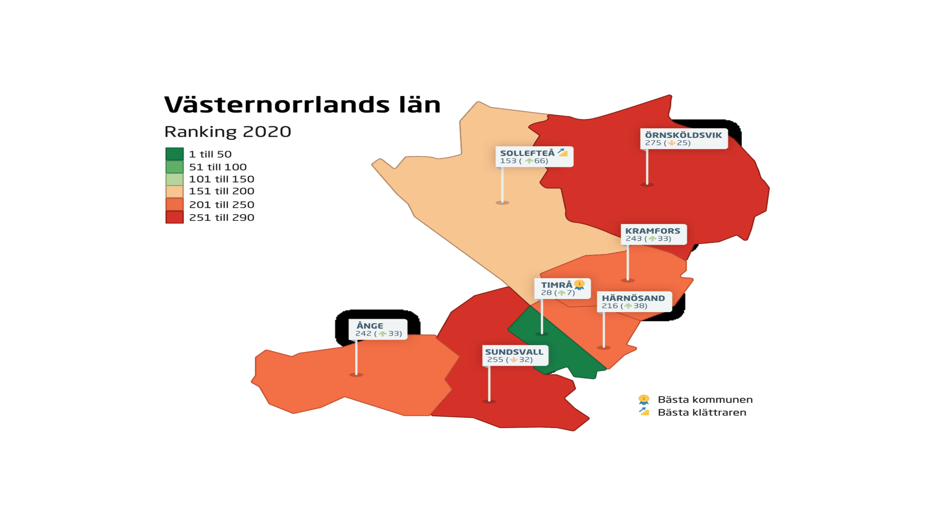 Karta över Västernorrlands kommun och deras placering i årets ranking.
