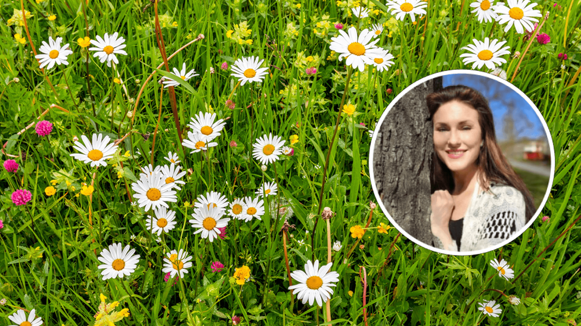 Kollage: Sommaräng med inklippt porträttfoto av Annika-Cecilia Östman