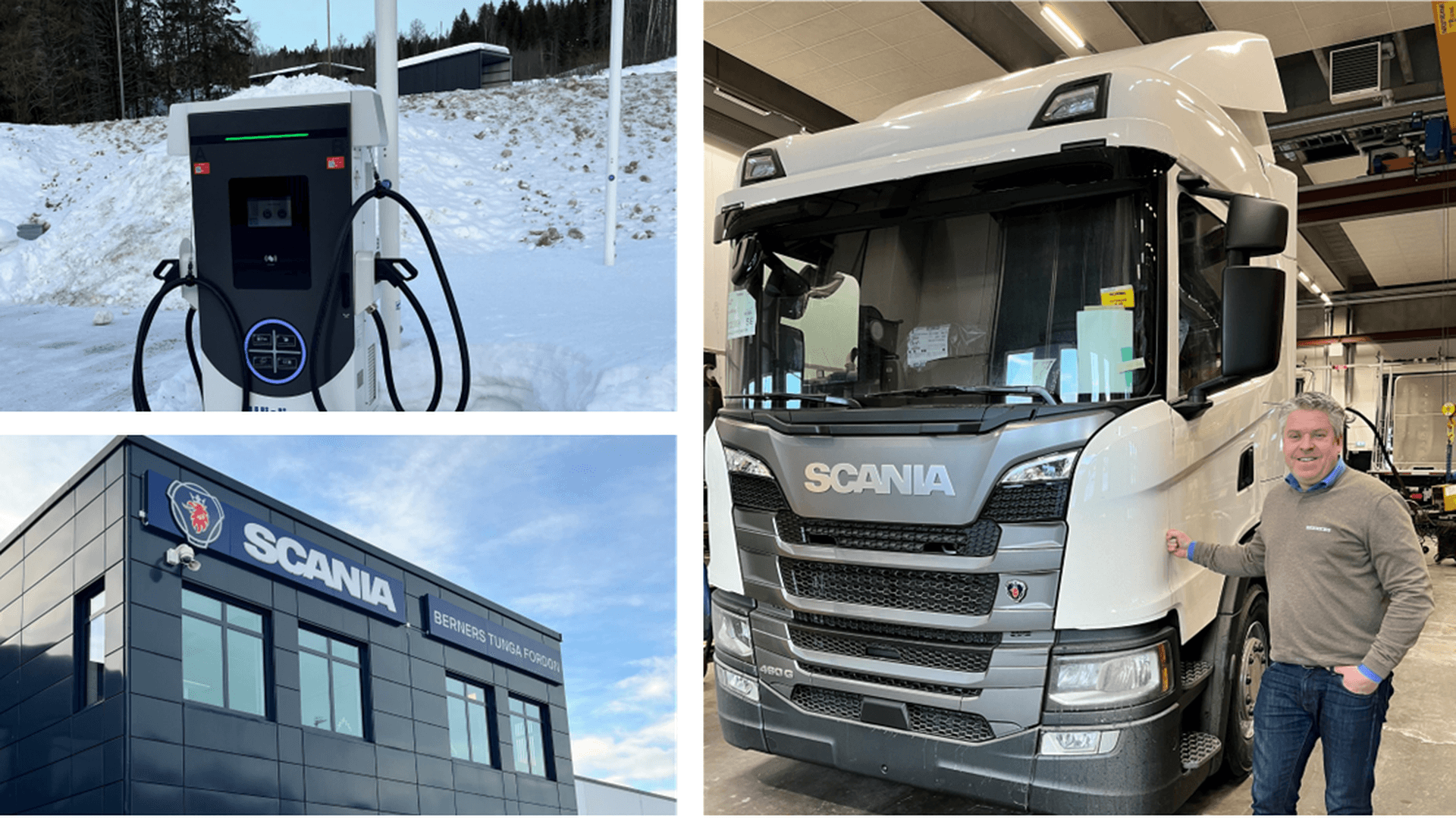 Bildkollage: Foto av en industribyggnad, en laddstation och en man vid en lastbil