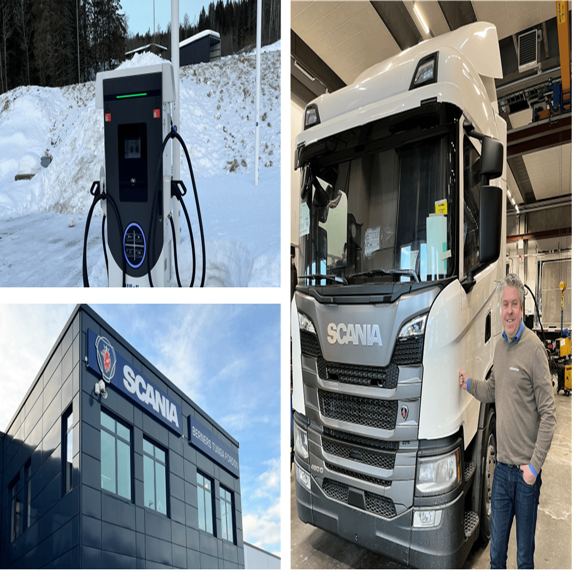 Bildkollage: Foto av en industribyggnad, en laddstation och en man vid en lastbil