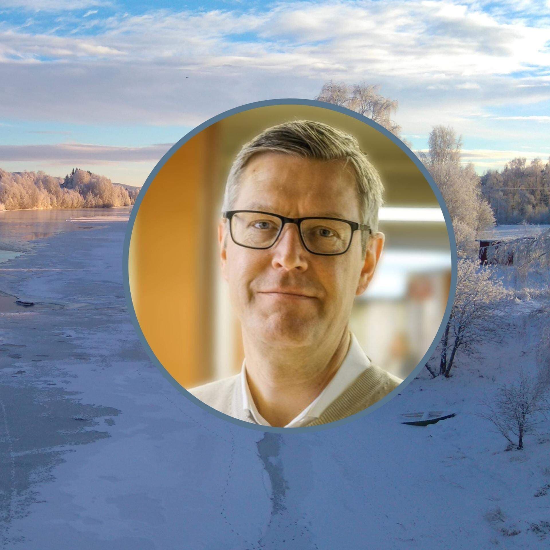 Vinterbild med inklippt porträttbild på Erik Lövgren