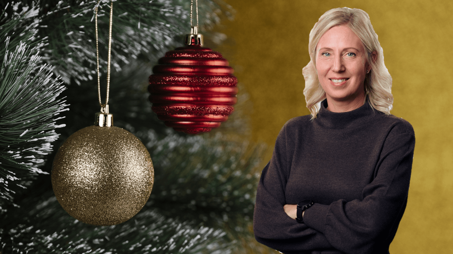 Kollage: Bakgrund med julkulor och en porträttbild på Eva Nordlander