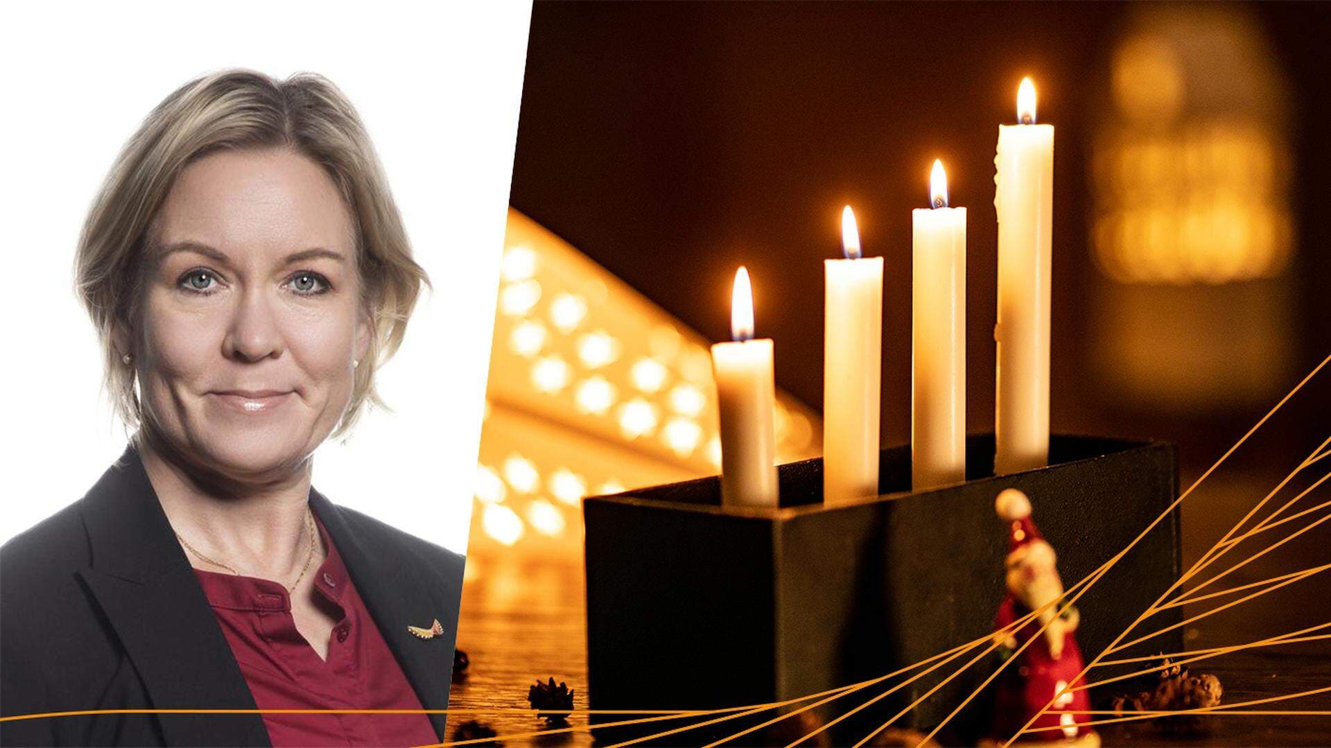 Anna Hedensjö Johansson och en adventsljusstake där fyra ljus brinner