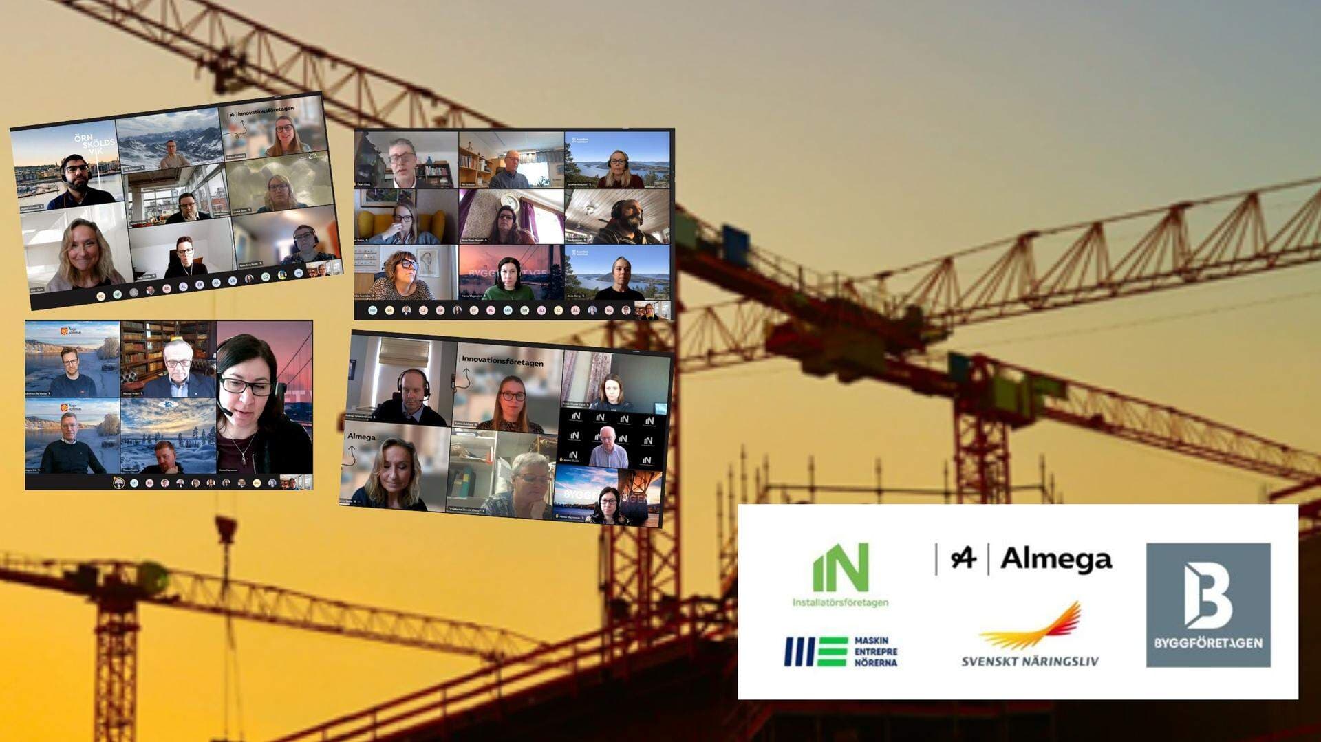 I bakgrunden syns byggkranar, inklippta foton på skärmar med Teams-möten