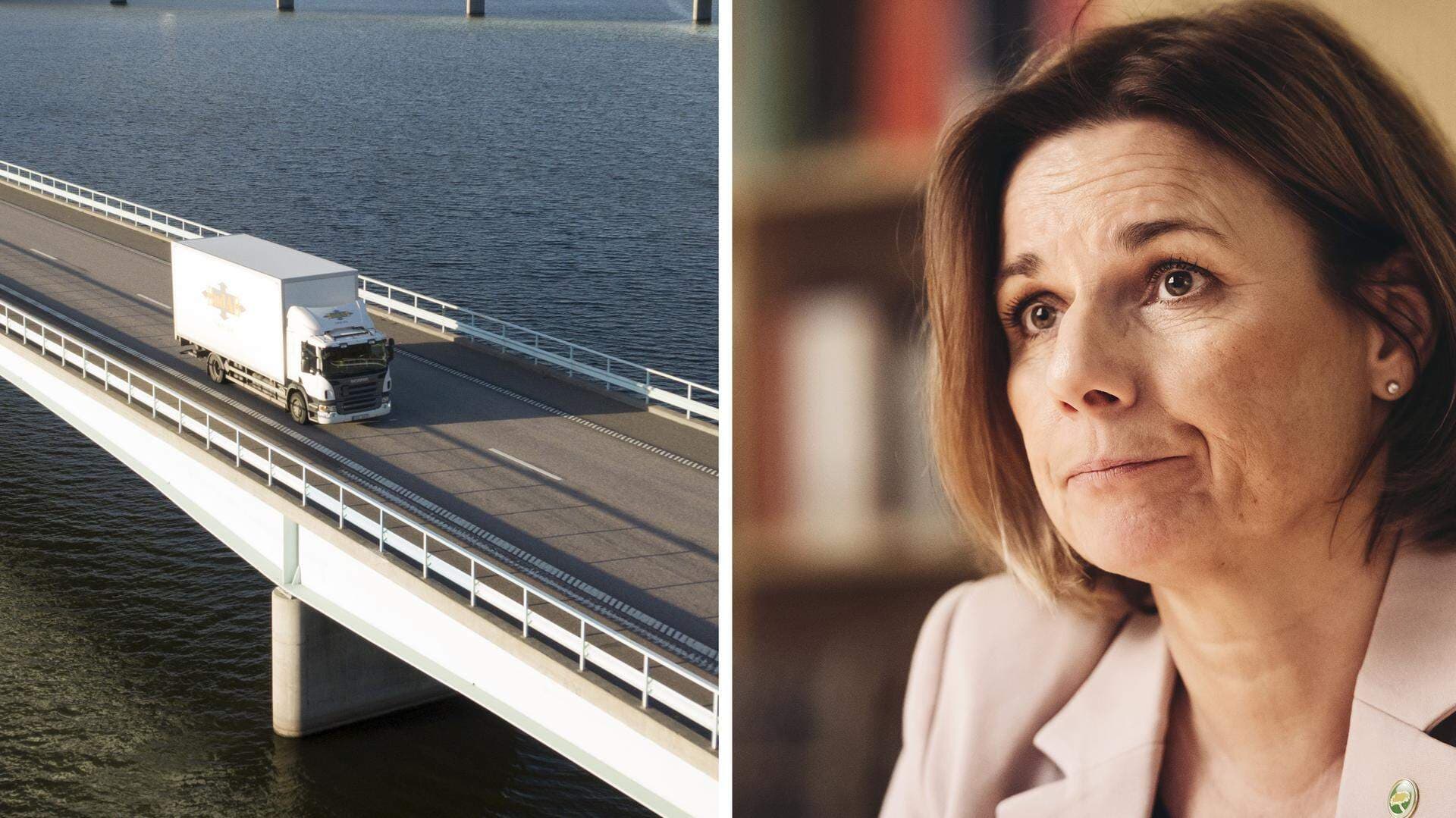 bild på lastbil på en bro samt bild på Isabella Lövin