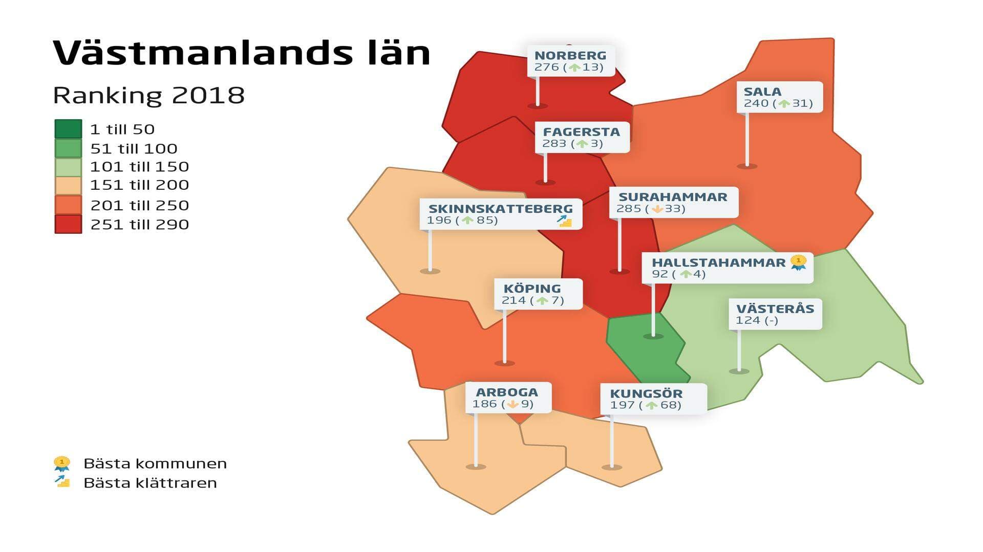 Karta som presenterar Västmanlands kommuners rankingplaceringar